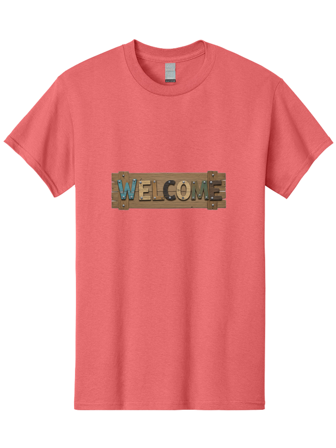 Welcome Men'S Graphic Tee, 100% Cotton, Comfortable Casual Summer Wear, Machine Washable, Wooden Welcome Sign, Rustic Design, Colorful Letters, Metal Rivets, Vintage Feel, Country Charm, Wooden Texture, Greeting Sign Bad910 3