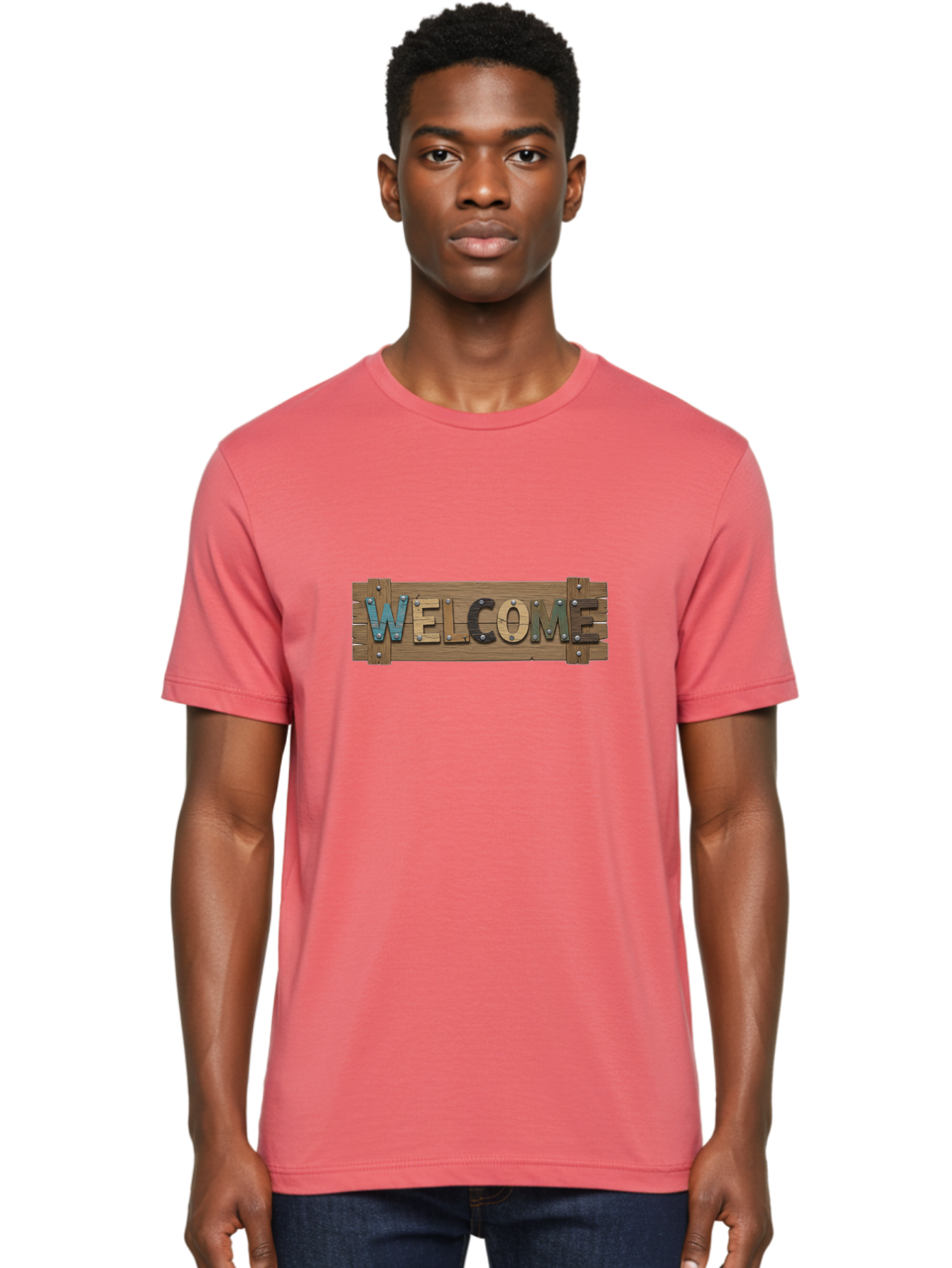 Welcome Men'S Graphic Tee, 100% Cotton, Comfortable Casual Summer Wear, Machine Washable, Wooden Welcome Sign, Rustic Design, Colorful Letters, Metal Rivets, Vintage Feel, Country Charm, Wooden Texture, Greeting Sign Bad910 18