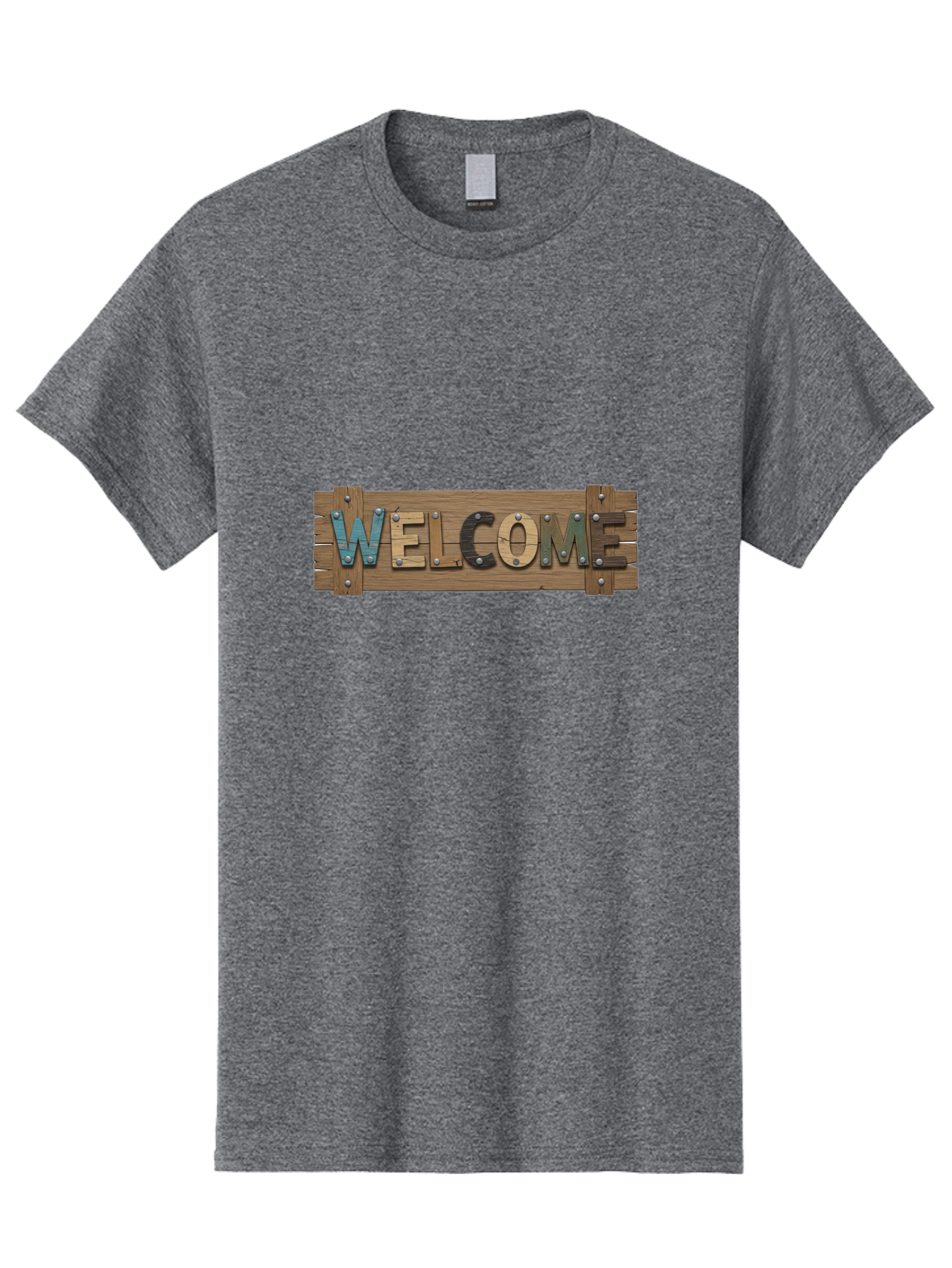 Welcome Men'S Graphic Tee, 100% Cotton, Comfortable Casual Summer Wear, Machine Washable, Wooden Welcome Sign, Rustic Design, Colorful Letters, Metal Rivets, Vintage Feel, Country Charm, Wooden Texture, Greeting Sign Bad910 5