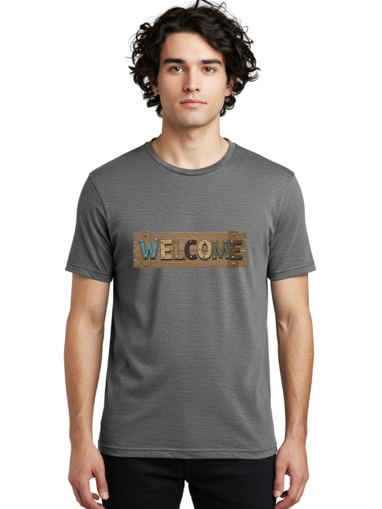 Welcome Men'S Graphic Tee, 100% Cotton, Comfortable Casual Summer Wear, Machine Washable, Wooden Welcome Sign, Rustic Design, Colorful Letters, Metal Rivets, Vintage Feel, Country Charm, Wooden Texture, Greeting Sign Bad910 20