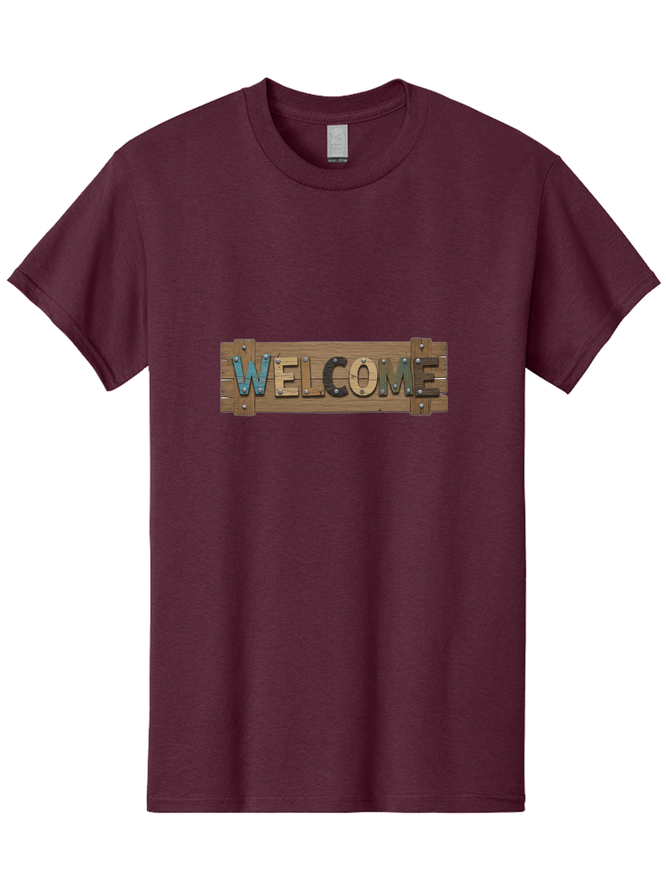 Welcome Men'S Graphic Tee, 100% Cotton, Comfortable Casual Summer Wear, Machine Washable, Wooden Welcome Sign, Rustic Design, Colorful Letters, Metal Rivets, Vintage Feel, Country Charm, Wooden Texture, Greeting Sign Bad910 11