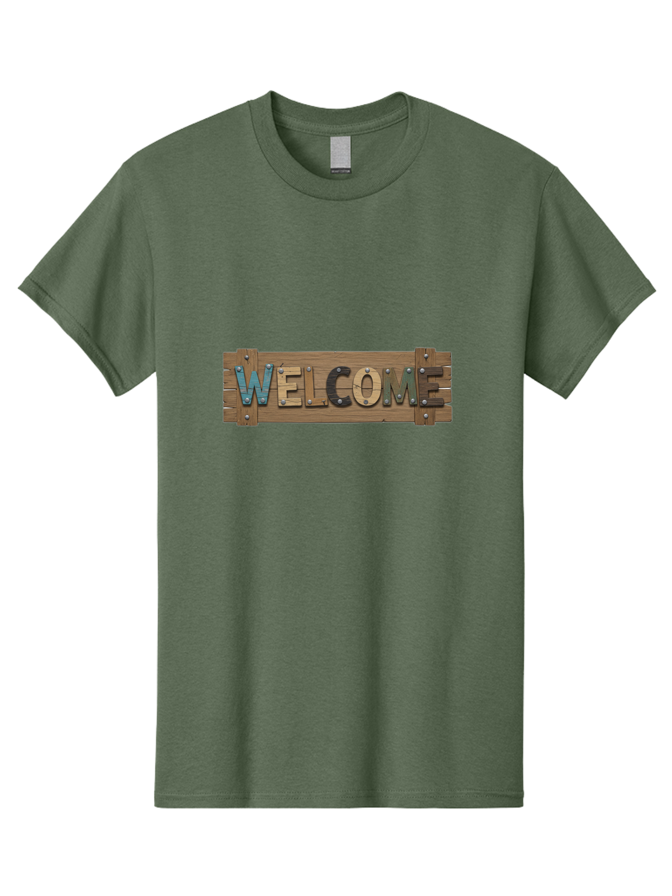 Welcome Men'S Graphic Tee, 100% Cotton, Comfortable Casual Summer Wear, Machine Washable, Wooden Welcome Sign, Rustic Design, Colorful Letters, Metal Rivets, Vintage Feel, Country Charm, Wooden Texture, Greeting Sign Bad910 6