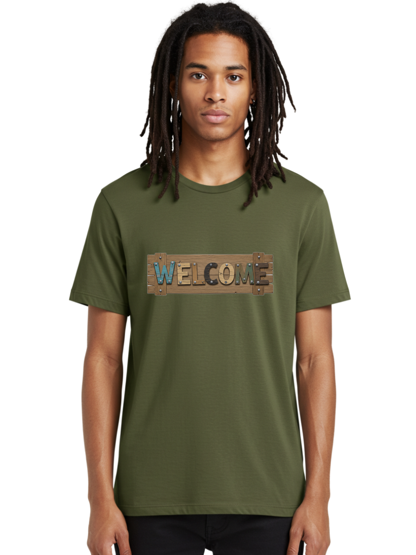 Welcome Men'S Graphic Tee, 100% Cotton, Comfortable Casual Summer Wear, Machine Washable, Wooden Welcome Sign, Rustic Design, Colorful Letters, Metal Rivets, Vintage Feel, Country Charm, Wooden Texture, Greeting Sign Bad910 21