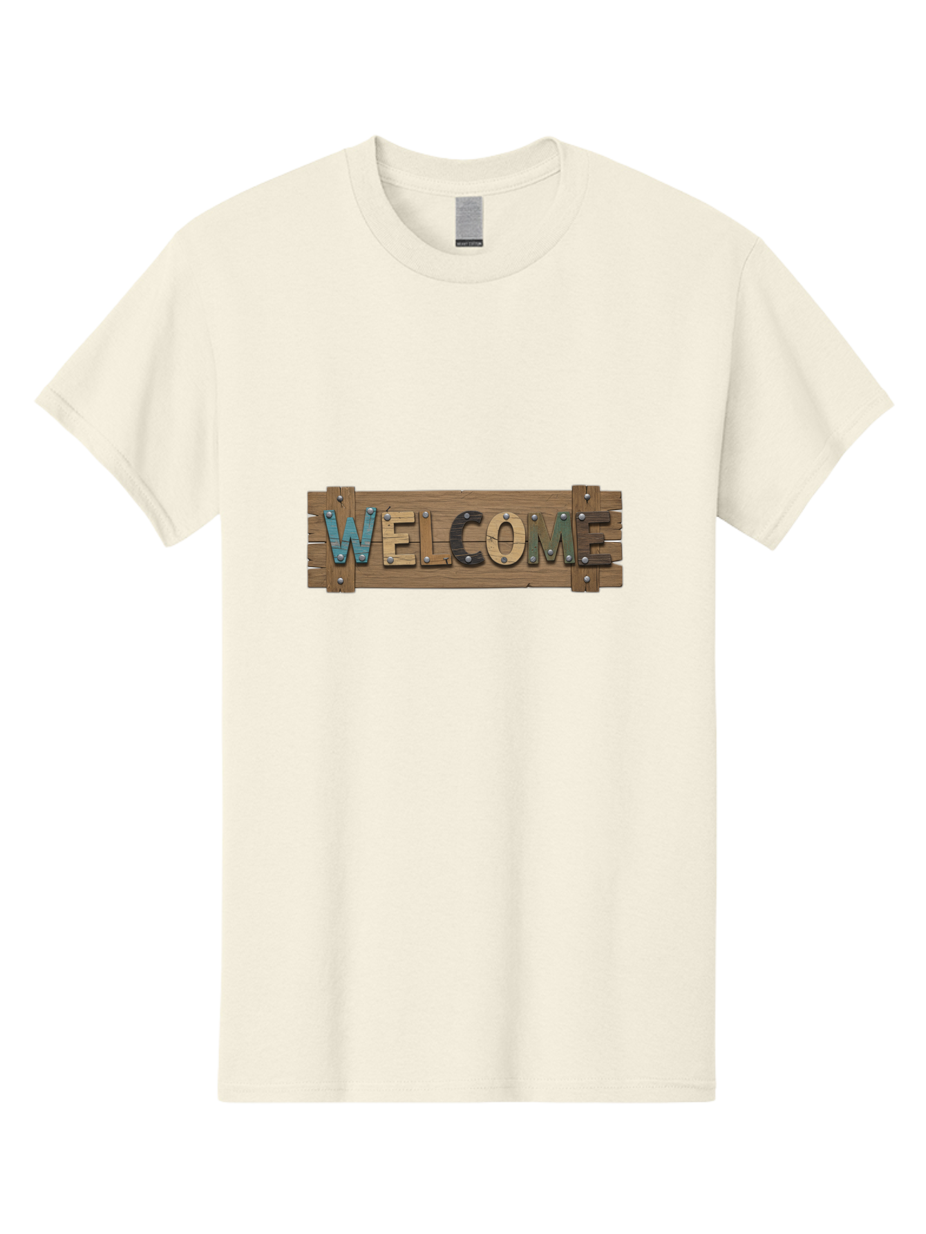 Welcome Men'S Graphic Tee, 100% Cotton, Comfortable Casual Summer Wear, Machine Washable, Wooden Welcome Sign, Rustic Design, Colorful Letters, Metal Rivets, Vintage Feel, Country Charm, Wooden Texture, Greeting Sign Bad910 9