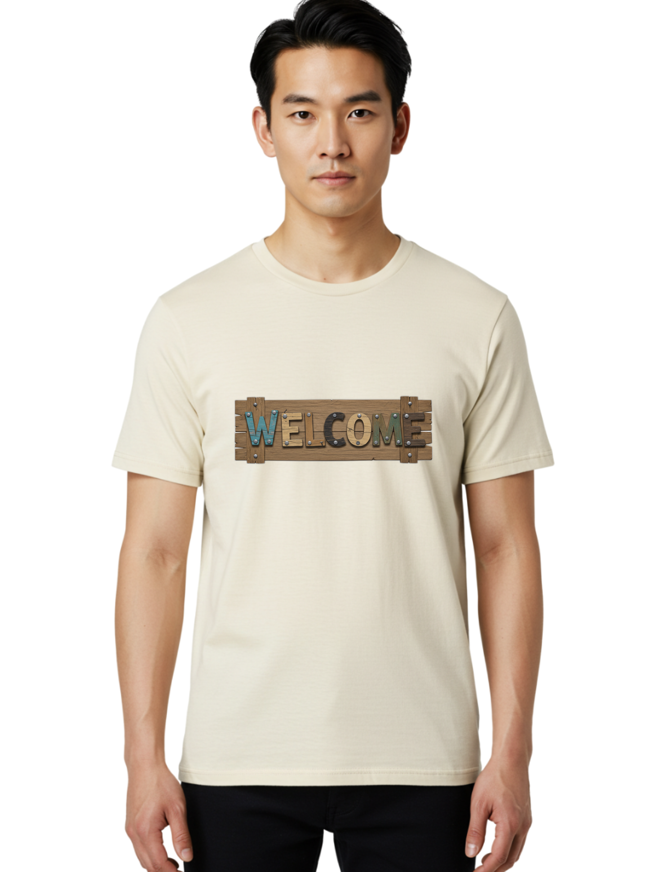 Welcome Men'S Graphic Tee, 100% Cotton, Comfortable Casual Summer Wear, Machine Washable, Wooden Welcome Sign, Rustic Design, Colorful Letters, Metal Rivets, Vintage Feel, Country Charm, Wooden Texture, Greeting Sign Bad910 24
