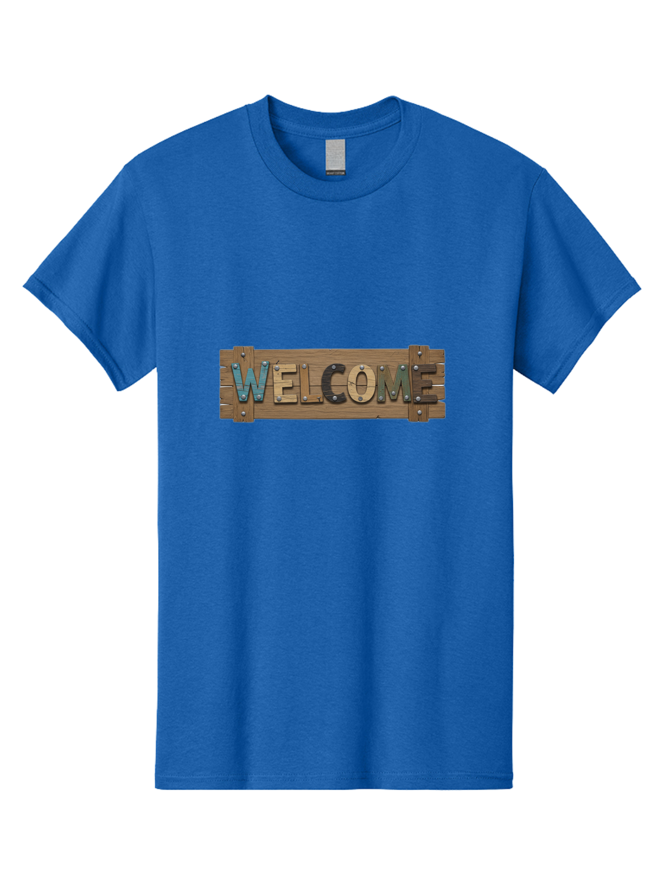 Welcome Men'S Graphic Tee, 100% Cotton, Comfortable Casual Summer Wear, Machine Washable, Wooden Welcome Sign, Rustic Design, Colorful Letters, Metal Rivets, Vintage Feel, Country Charm, Wooden Texture, Greeting Sign Bad910 7