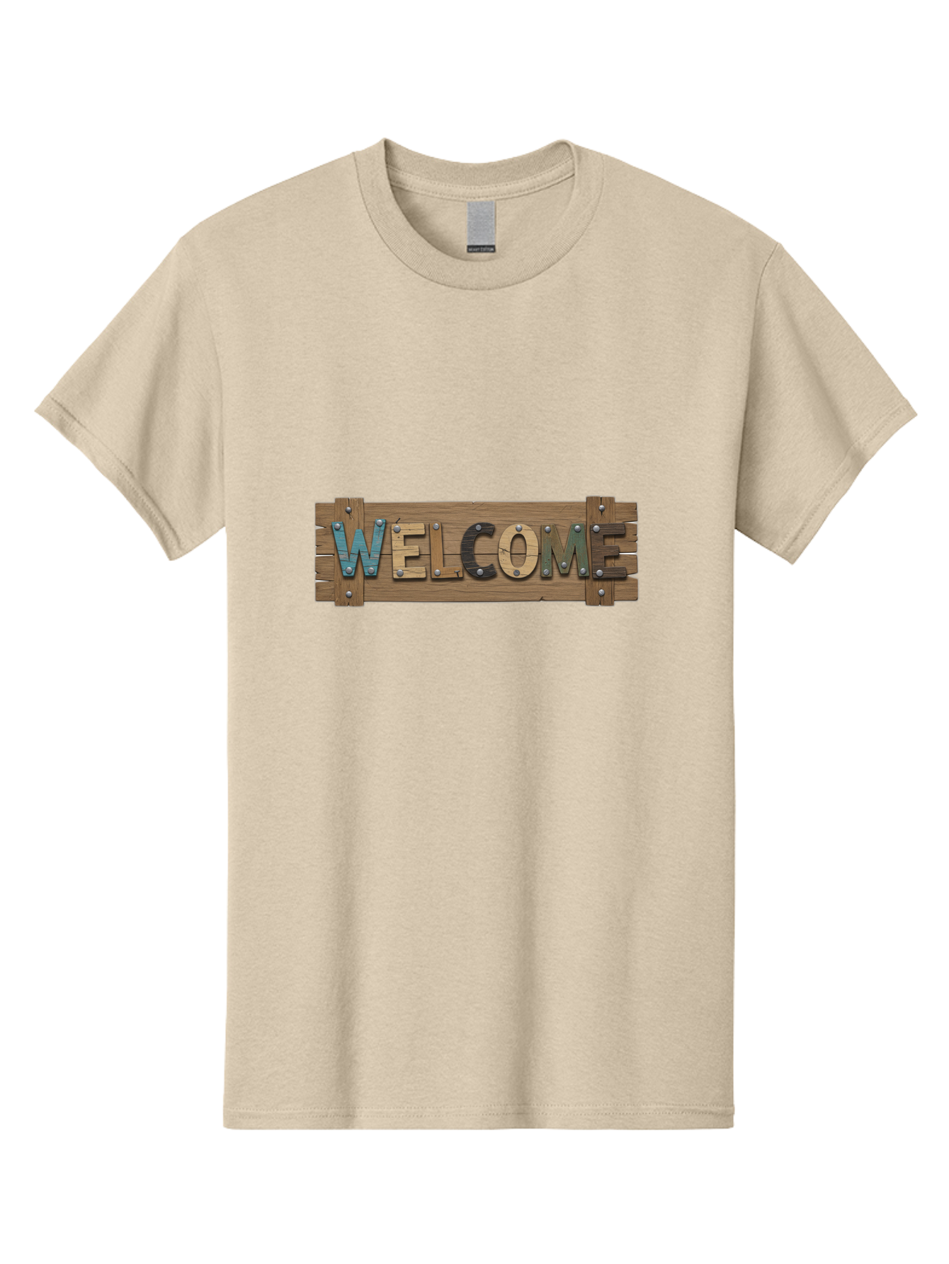 Welcome Men'S Graphic Tee, 100% Cotton, Comfortable Casual Summer Wear, Machine Washable, Wooden Welcome Sign, Rustic Design, Colorful Letters, Metal Rivets, Vintage Feel, Country Charm, Wooden Texture, Greeting Sign Bad910 13