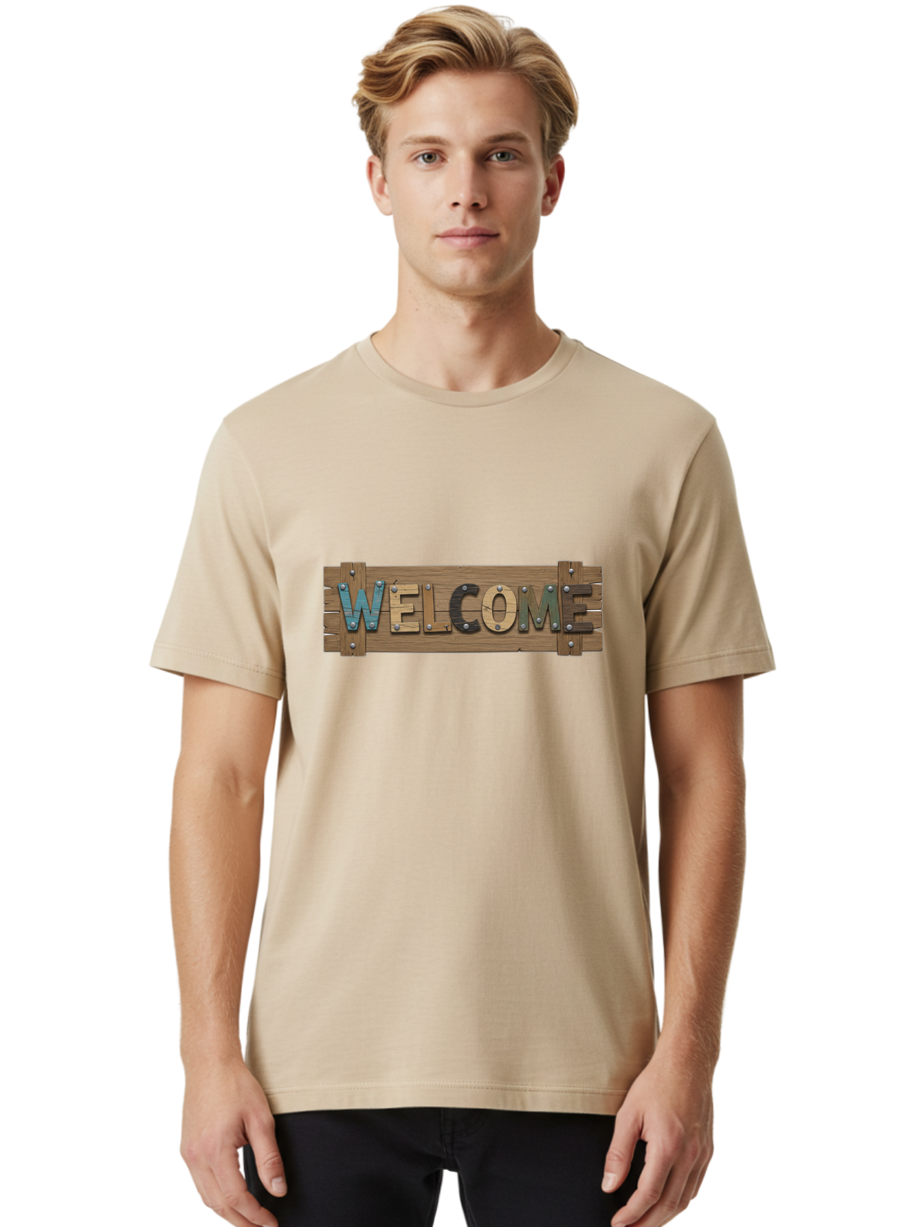 Welcome Men'S Graphic Tee, 100% Cotton, Comfortable Casual Summer Wear, Machine Washable, Wooden Welcome Sign, Rustic Design, Colorful Letters, Metal Rivets, Vintage Feel, Country Charm, Wooden Texture, Greeting Sign Bad910 28