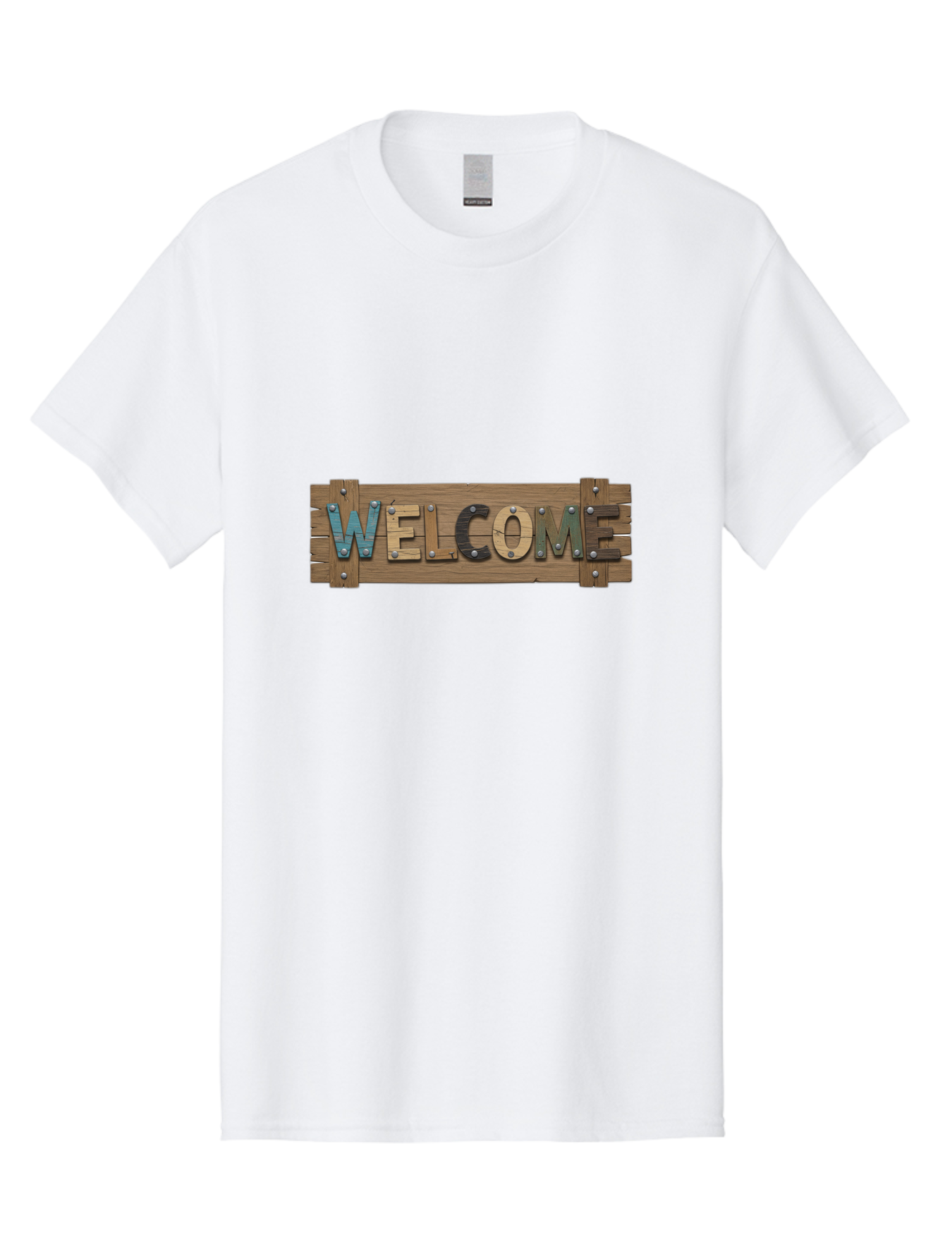 Welcome Men'S Graphic Tee, 100% Cotton, Comfortable Casual Summer Wear, Machine Washable, Wooden Welcome Sign, Rustic Design, Colorful Letters, Metal Rivets, Vintage Feel, Country Charm, Wooden Texture, Greeting Sign Bad910 14