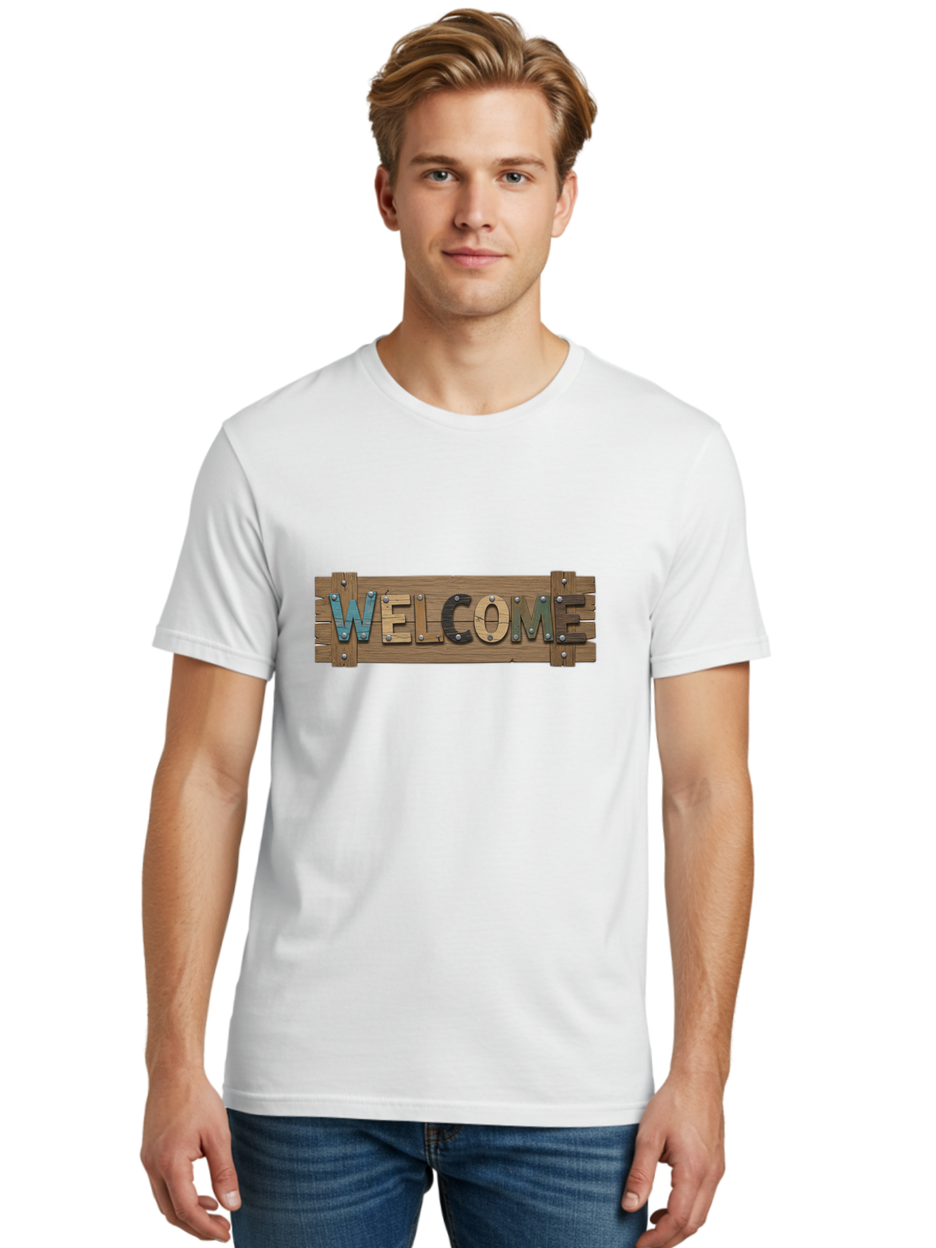 Welcome Men'S Graphic Tee, 100% Cotton, Comfortable Casual Summer Wear, Machine Washable, Wooden Welcome Sign, Rustic Design, Colorful Letters, Metal Rivets, Vintage Feel, Country Charm, Wooden Texture, Greeting Sign Bad910 29