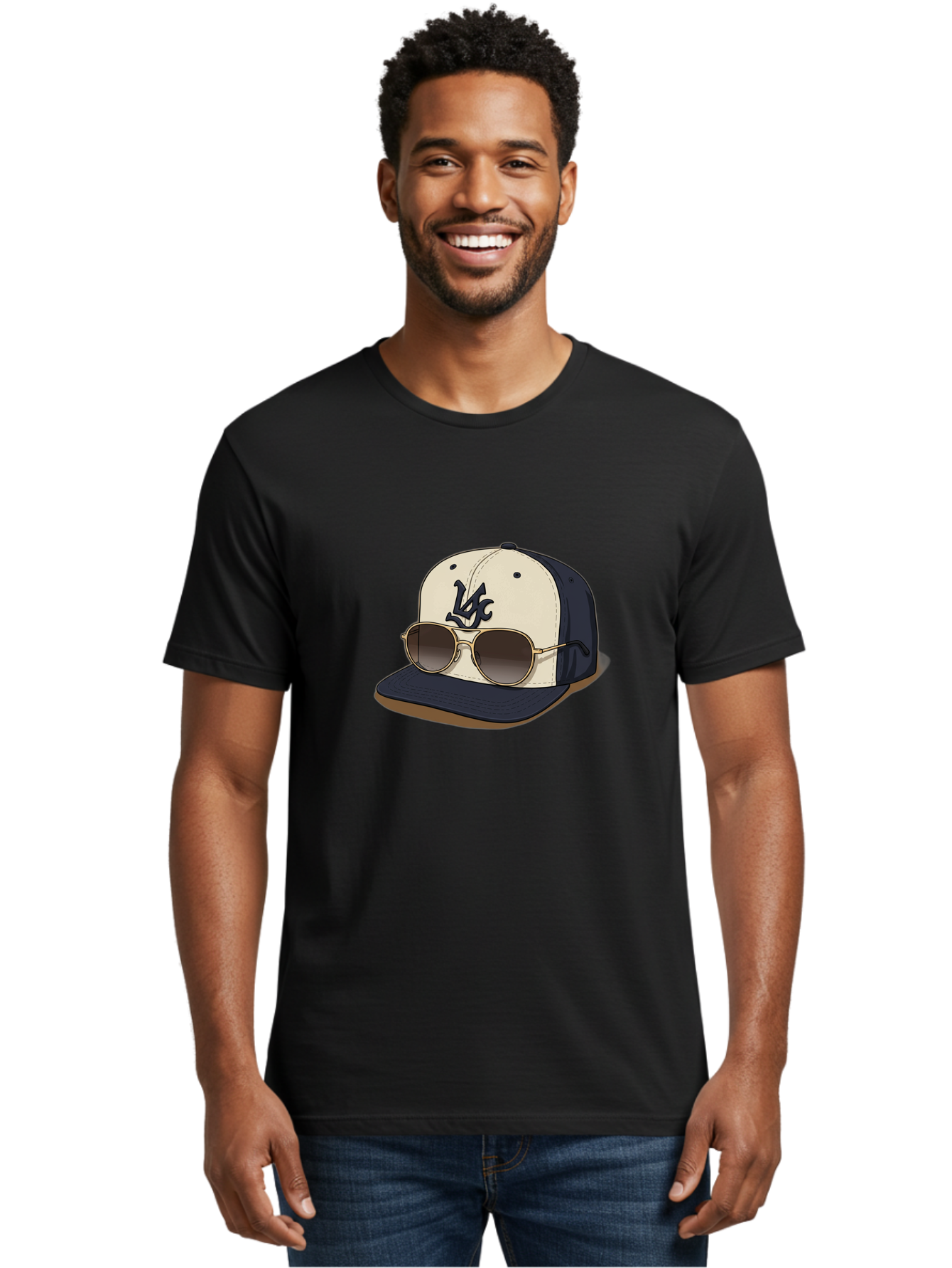 Wfc-Baseball-Cap Men'S Graphic Tee, 100% Cotton, Comfortable Casual Summer Wear, Machine Washable, Baseball Cap, Sunglasses, Gold Frames, Dark Lenses, Navy Blue, White Cap, Vc Logo, Stylish Accessories, Trendy Fashion, Casual Wear Bad911 27