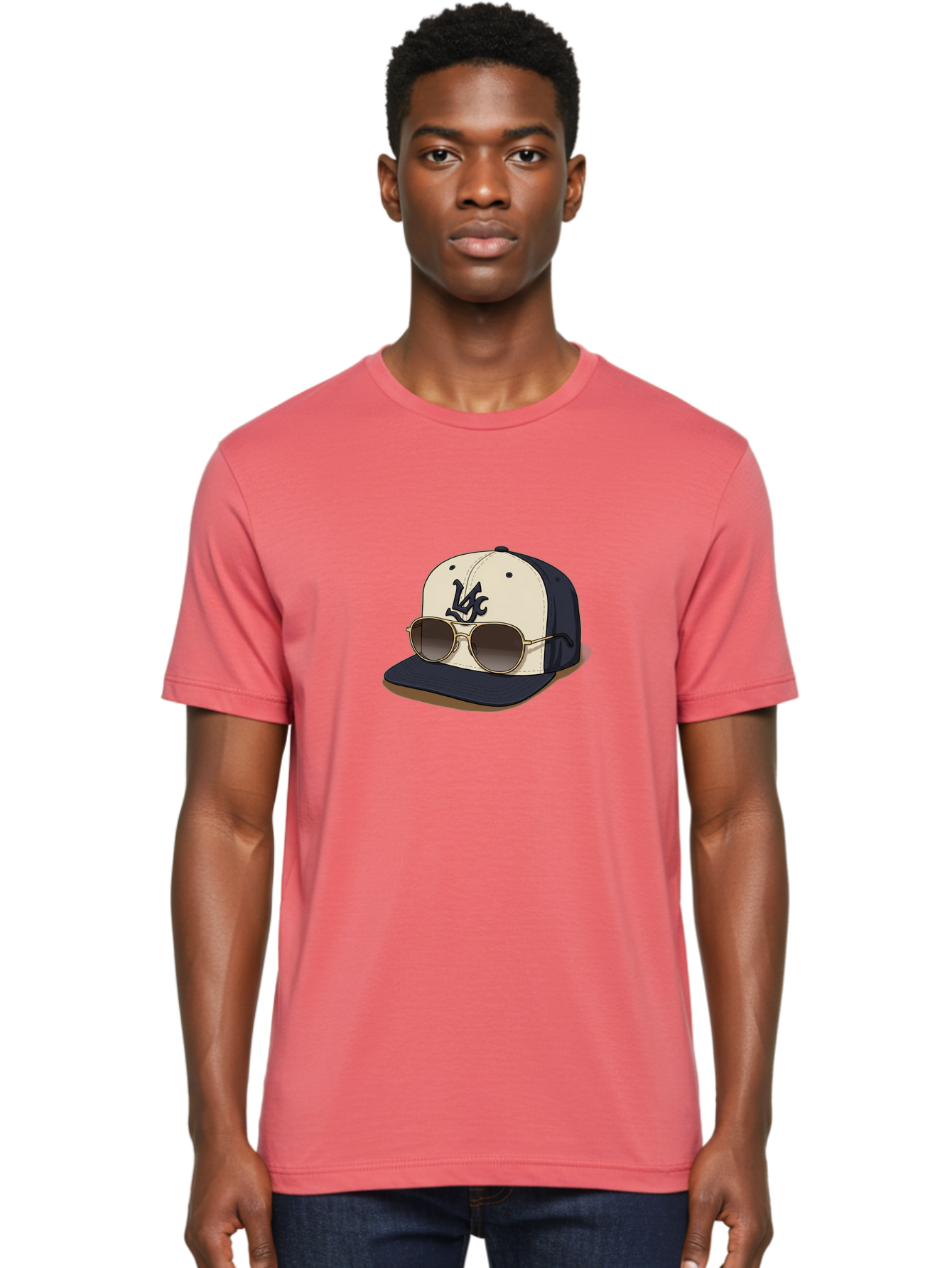 Wfc-Baseball-Cap Men'S Graphic Tee, 100% Cotton, Comfortable Casual Summer Wear, Machine Washable, Baseball Cap, Sunglasses, Gold Frames, Dark Lenses, Navy Blue, White Cap, Vc Logo, Stylish Accessories, Trendy Fashion, Casual Wear Bad911 21