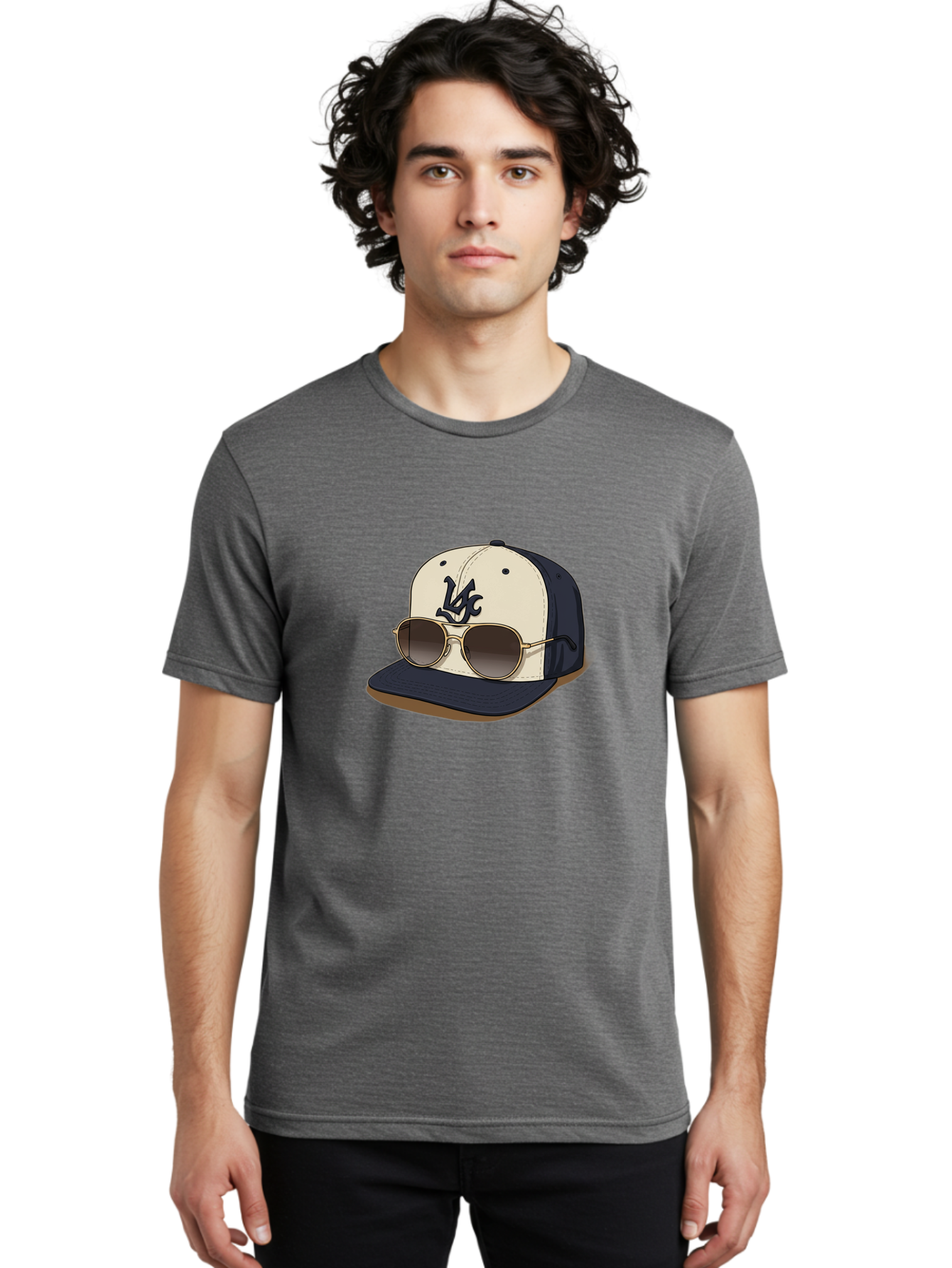 Wfc-Baseball-Cap Men'S Graphic Tee, 100% Cotton, Comfortable Casual Summer Wear, Machine Washable, Baseball Cap, Sunglasses, Gold Frames, Dark Lenses, Navy Blue, White Cap, Vc Logo, Stylish Accessories, Trendy Fashion, Casual Wear Bad911 19