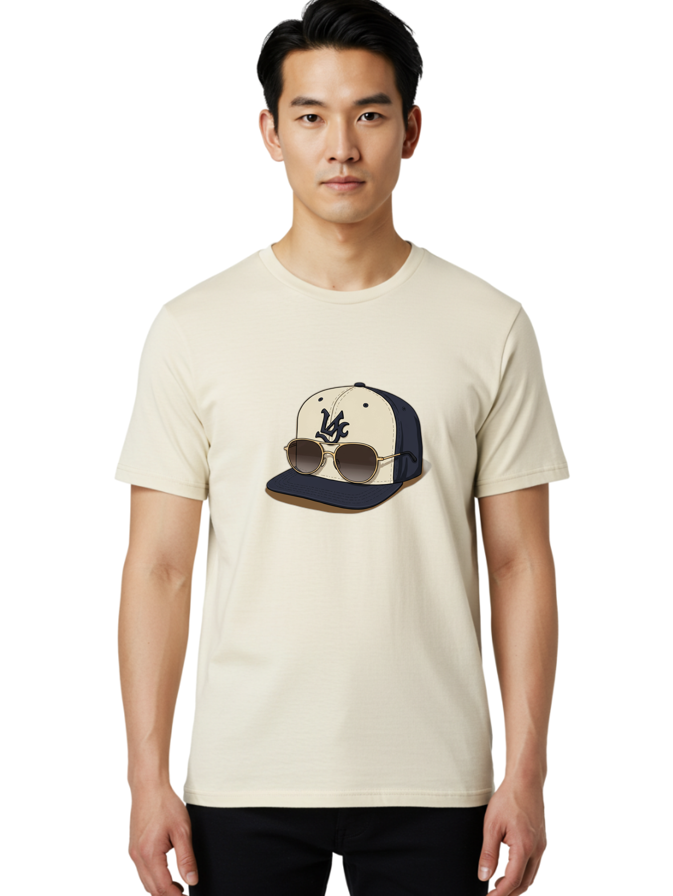 Wfc-Baseball-Cap Men'S Graphic Tee, 100% Cotton, Comfortable Casual Summer Wear, Machine Washable, Baseball Cap, Sunglasses, Gold Frames, Dark Lenses, Navy Blue, White Cap, Vc Logo, Stylish Accessories, Trendy Fashion, Casual Wear Bad911 30