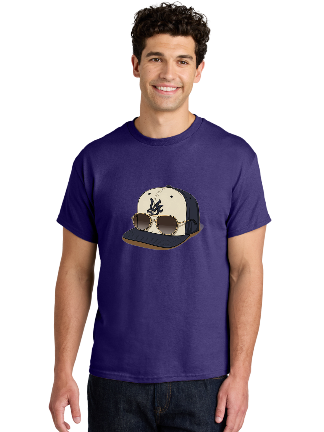 Wfc-Baseball-Cap Men'S Graphic Tee, 100% Cotton, Comfortable Casual Summer Wear, Machine Washable, Baseball Cap, Sunglasses, Gold Frames, Dark Lenses, Navy Blue, White Cap, Vc Logo, Stylish Accessories, Trendy Fashion, Casual Wear Bad911 17