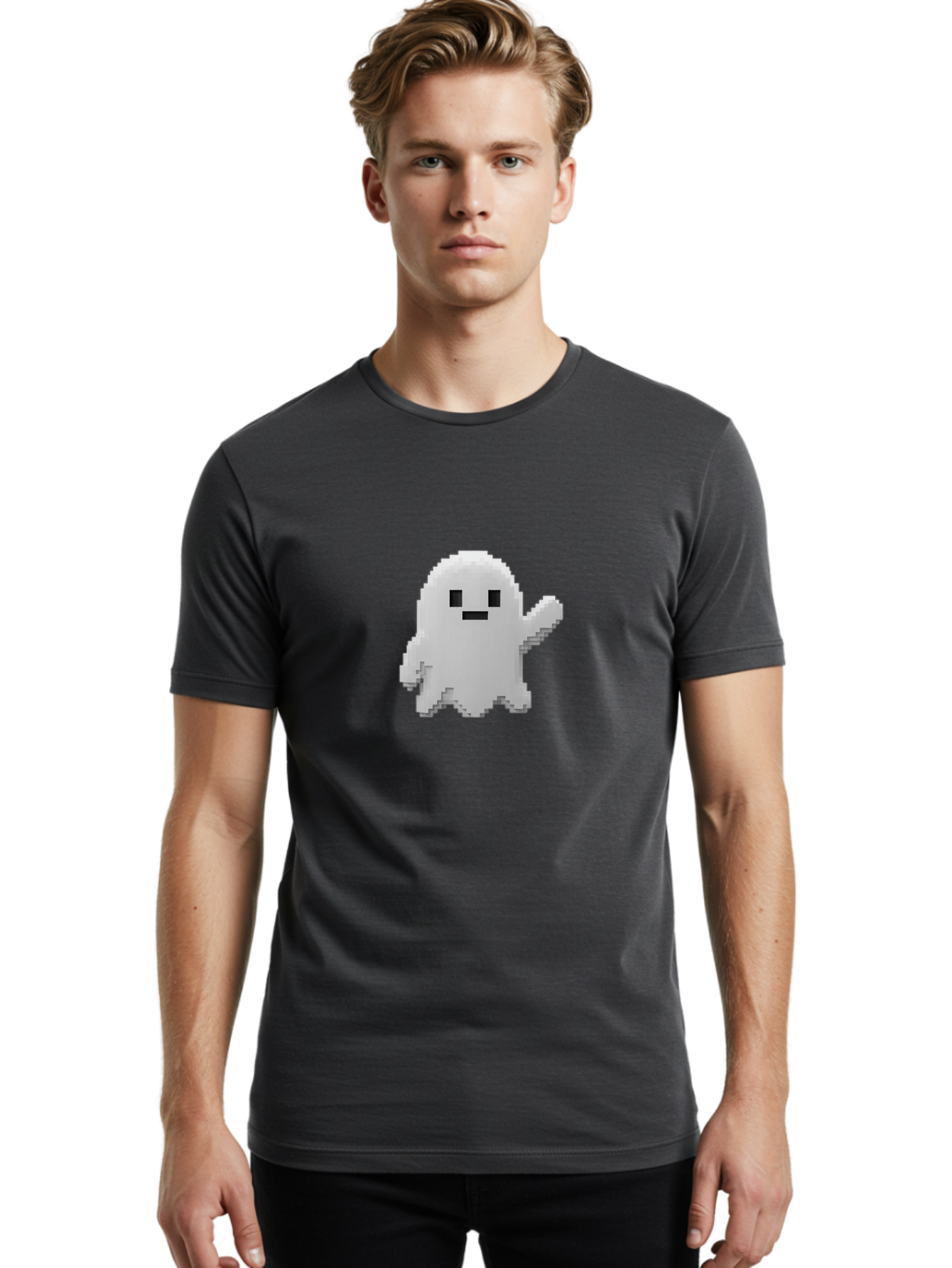 White-Ghost Men'S Graphic Tee, 100% Cotton, Comfortable Casual Summer Wear, Machine Washable, White Ghost Pixel Art, Friendly Ghost, Cute Character, Cartoon Style, Retro Video Game, Pixelated Graphics, Adorable Creature, Waving Ghost Bad914 28