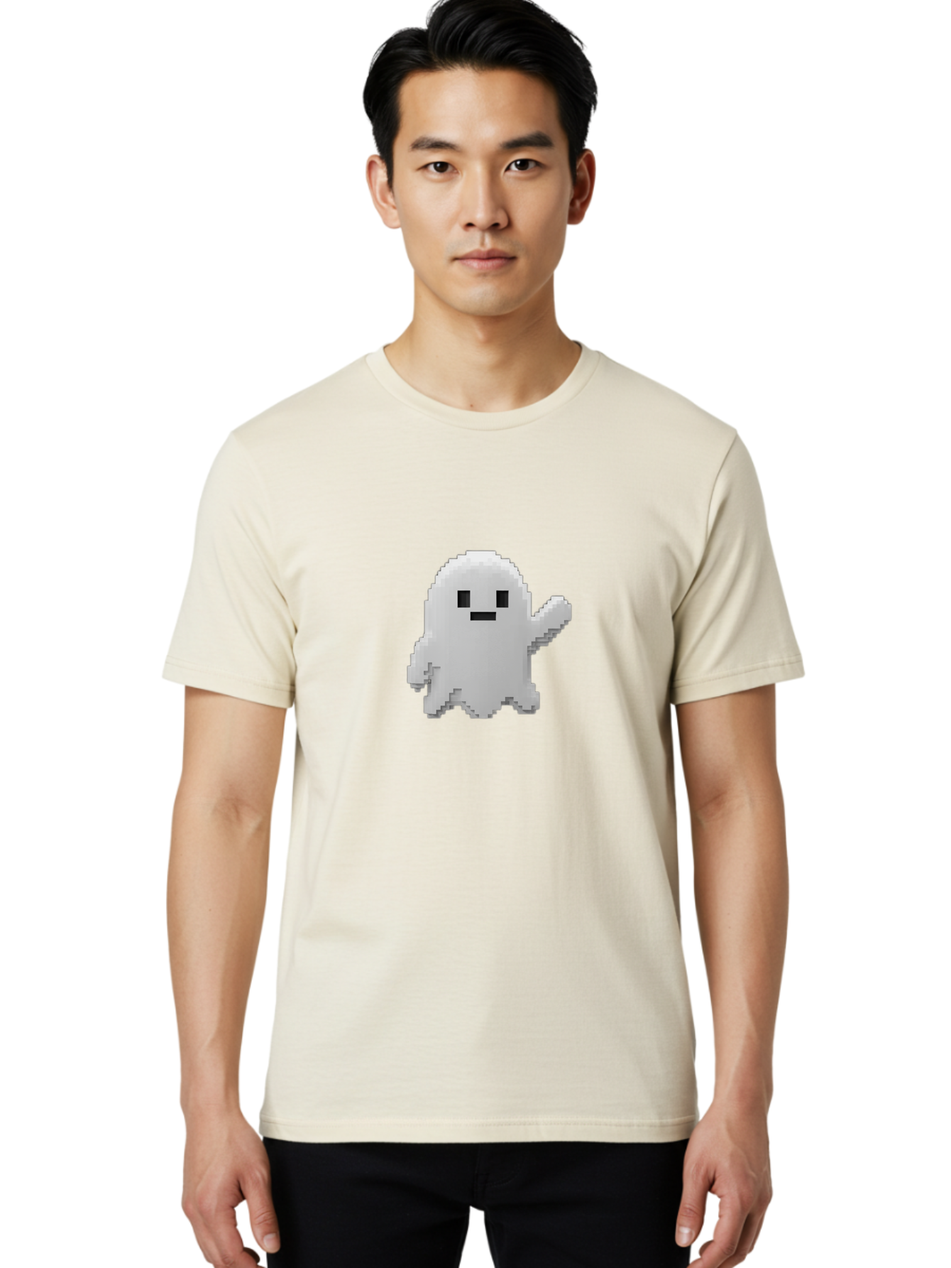 White-Ghost Men'S Graphic Tee, 100% Cotton, Comfortable Casual Summer Wear, Machine Washable, White Ghost Pixel Art, Friendly Ghost, Cute Character, Cartoon Style, Retro Video Game, Pixelated Graphics, Adorable Creature, Waving Ghost Bad914 24