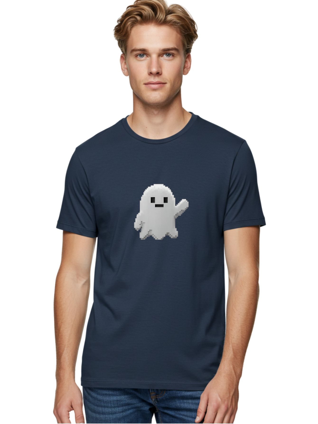 White-Ghost Men'S Graphic Tee, 100% Cotton, Comfortable Casual Summer Wear, Machine Washable, White Ghost Pixel Art, Friendly Ghost, Cute Character, Cartoon Style, Retro Video Game, Pixelated Graphics, Adorable Creature, Waving Ghost Bad914 18