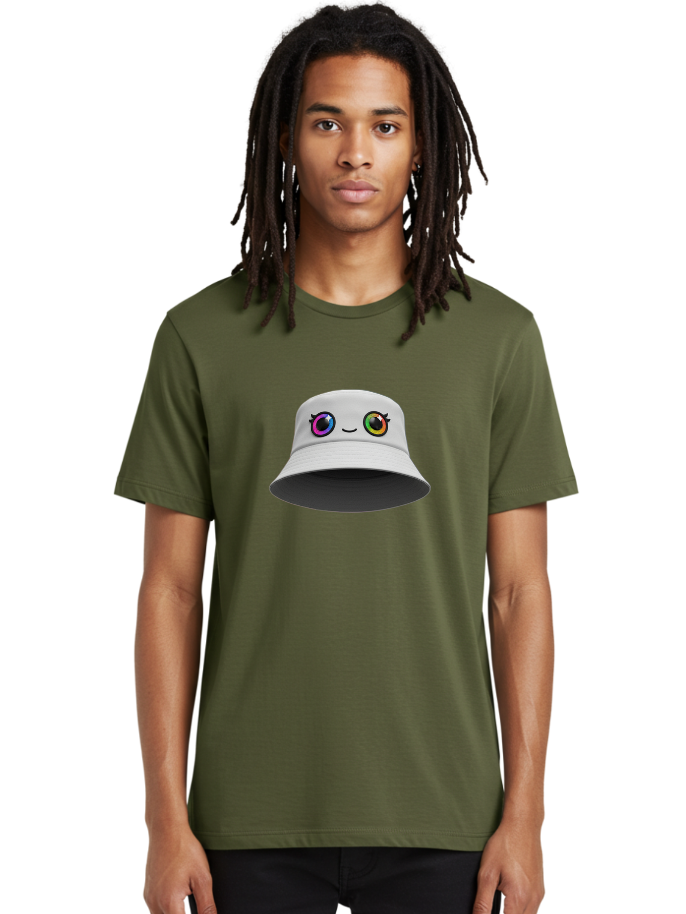 White-Hat-With-Eyes Men'S Graphic Tee, 100% Cotton, Comfortable Casual Summer Wear, Machine Washable, Bucket Hat, Cartoon Eyes, Rainbow Colors, Kawaii Fashion, Colorful Accessories, Streetwear, Hat Design, Smiley Face Bad915 19