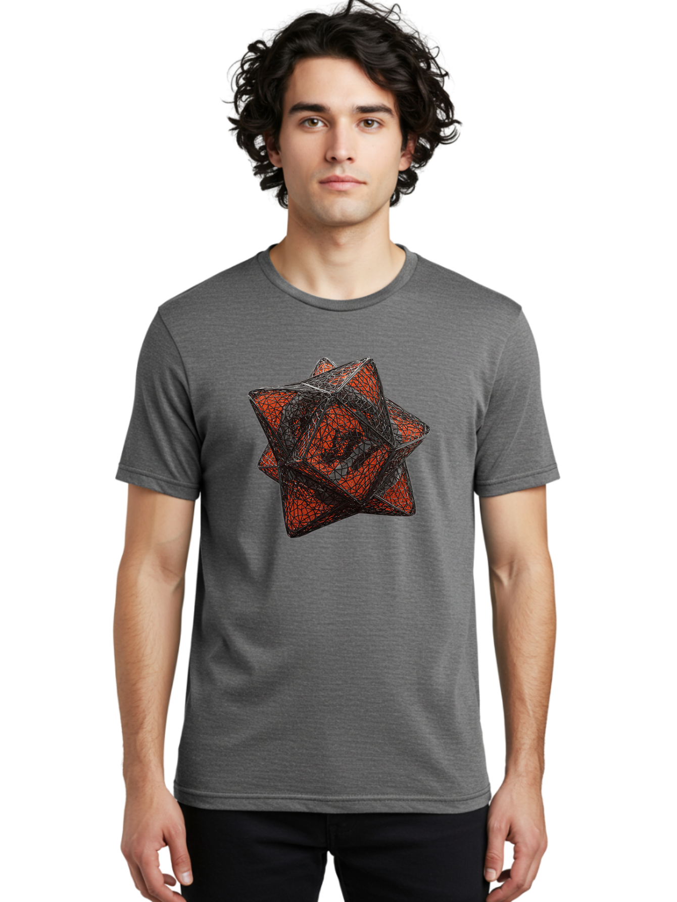 Wireframe-Star Men'S Graphic Tee, 100% Cotton, Comfortable Casual Summer Wear, Machine Washable, Geometric Star Shape, Complex 3D Structure, Red And Black Geometric Pattern, Intricate Angular Design, Polygon Mesh Art Bad917 22