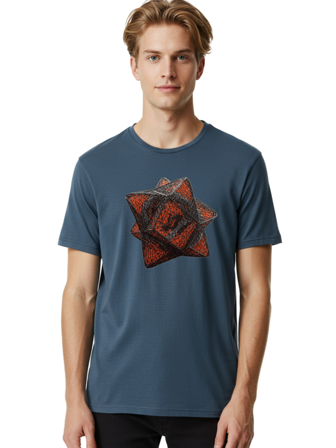 Wireframe-Star Men'S Graphic Tee, 100% Cotton, Comfortable Casual Summer Wear, Machine Washable, Geometric Star Shape, Complex 3D Structure, Red And Black Geometric Pattern, Intricate Angular Design, Polygon Mesh Art Bad917 25