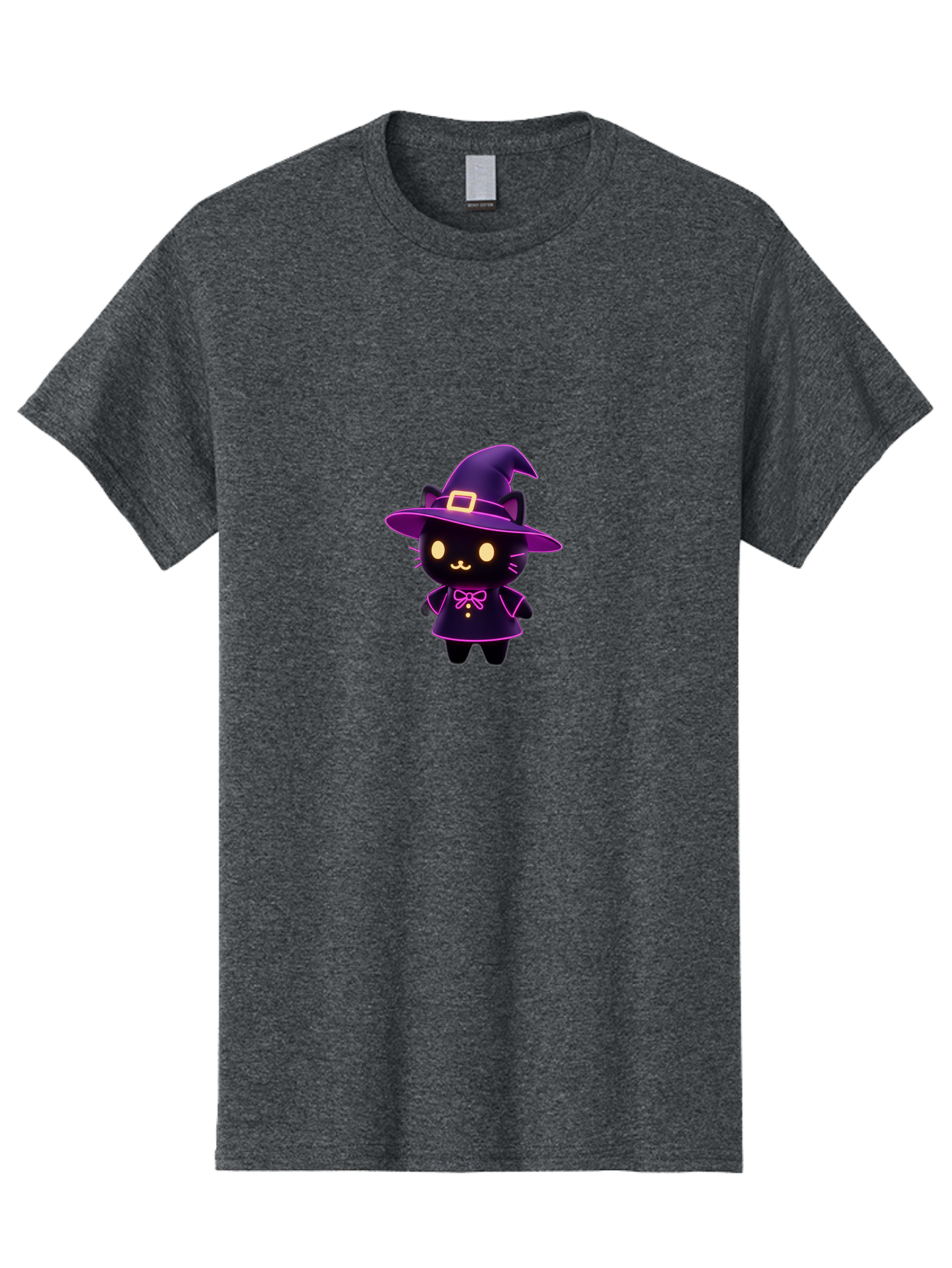 Witch-Cat Men'S Graphic Tee, 100% Cotton, Comfortable Casual Summer Wear, Machine Washable, Cartoon Black Cat, Witch Costume, Purple Hat, Gold Buckle, Pink Bow, Cute Design, Kawaii Style, Halloween Theme, Adorable Cat Character Bad918 5