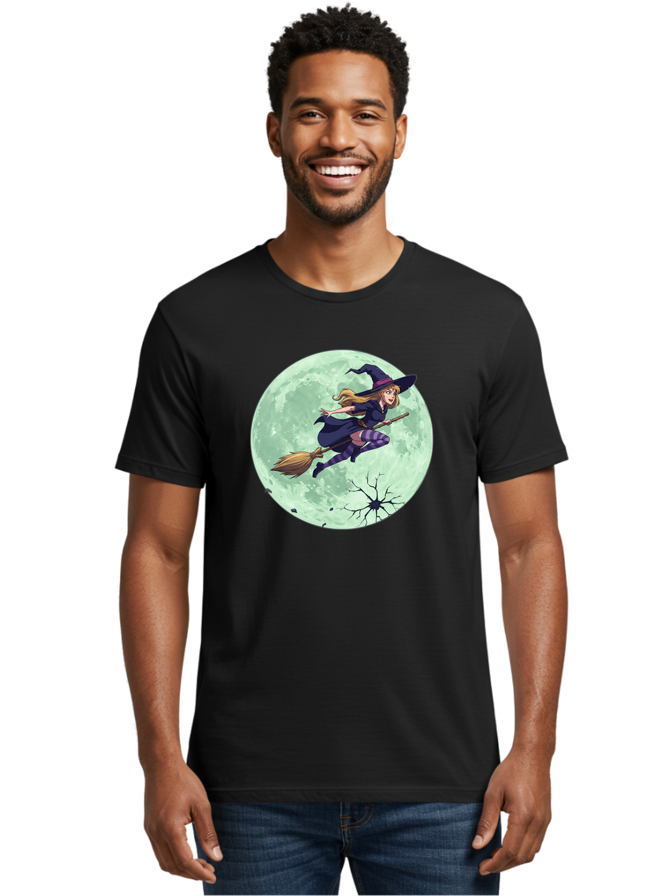Witch-Flying-Broomstick Men'S Graphic Tee, 100% Cotton, Comfortable Casual Summer Wear, Machine Washable, Witch Flying On Broomstick, Full Moon, Halloween Magic, Fantasy Illustration, Mystical Night, Supernatural Creatures, Cartoon Style Bad919 20