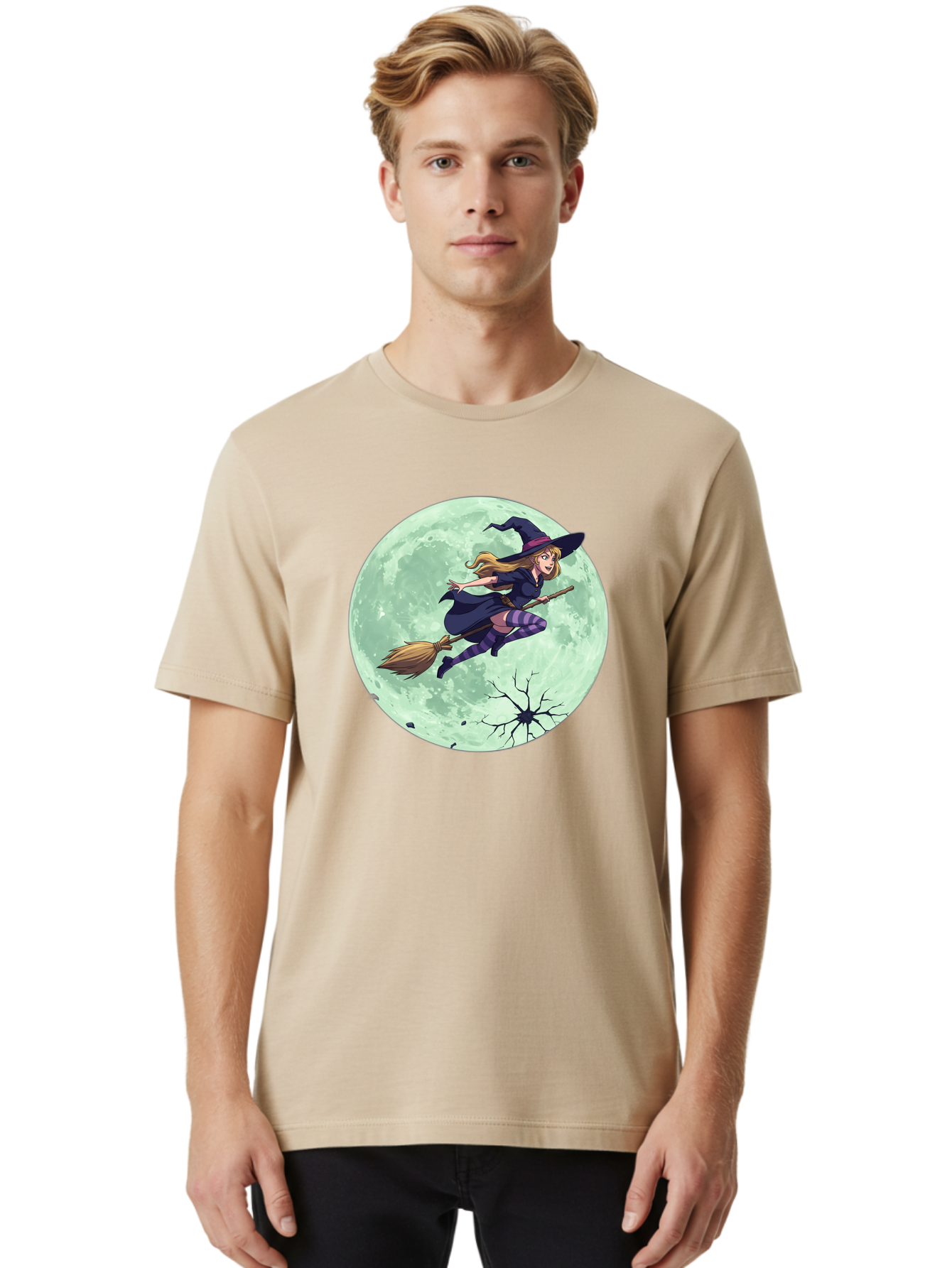 Witch-Flying-Broomstick Men'S Graphic Tee, 100% Cotton, Comfortable Casual Summer Wear, Machine Washable, Witch Flying On Broomstick, Full Moon, Halloween Magic, Fantasy Illustration, Mystical Night, Supernatural Creatures, Cartoon Style Bad919 25