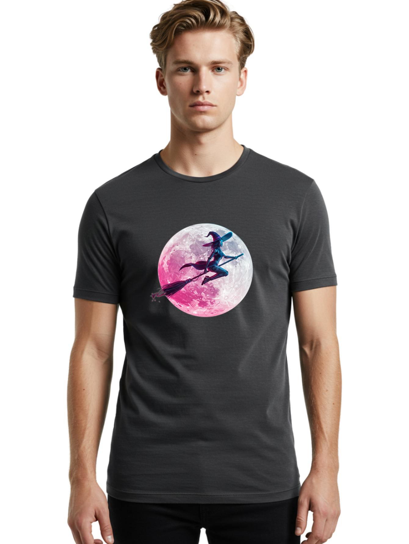 Witch-Flying-On-Broomstick-1 Men'S Graphic Tee, 100% Cotton, Comfortable Casual Summer Wear, Machine Washable, Witch Flying On Broomstick, Full Moon, Mystical Powers, Magical Night, Fantasy Scene, Supernatural Being, Occult Practices, Bad920 26