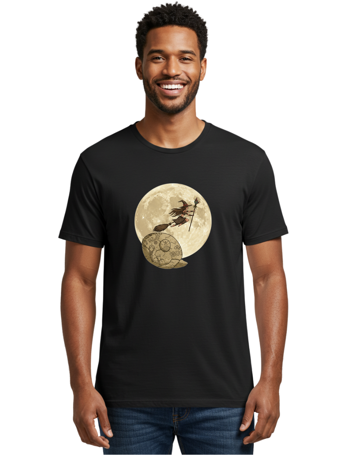 Witch-Flying-On-Broomstick-2 Men'S Graphic Tee, 100% Cotton, Comfortable Casual Summer Wear, Machine Washable, Witch Flying On Broomstick, Full Moon, Mystical Symbols, Lunar Magic, Fantasy Art, Halloween Theme, Mystical Creatures, Bad921 17