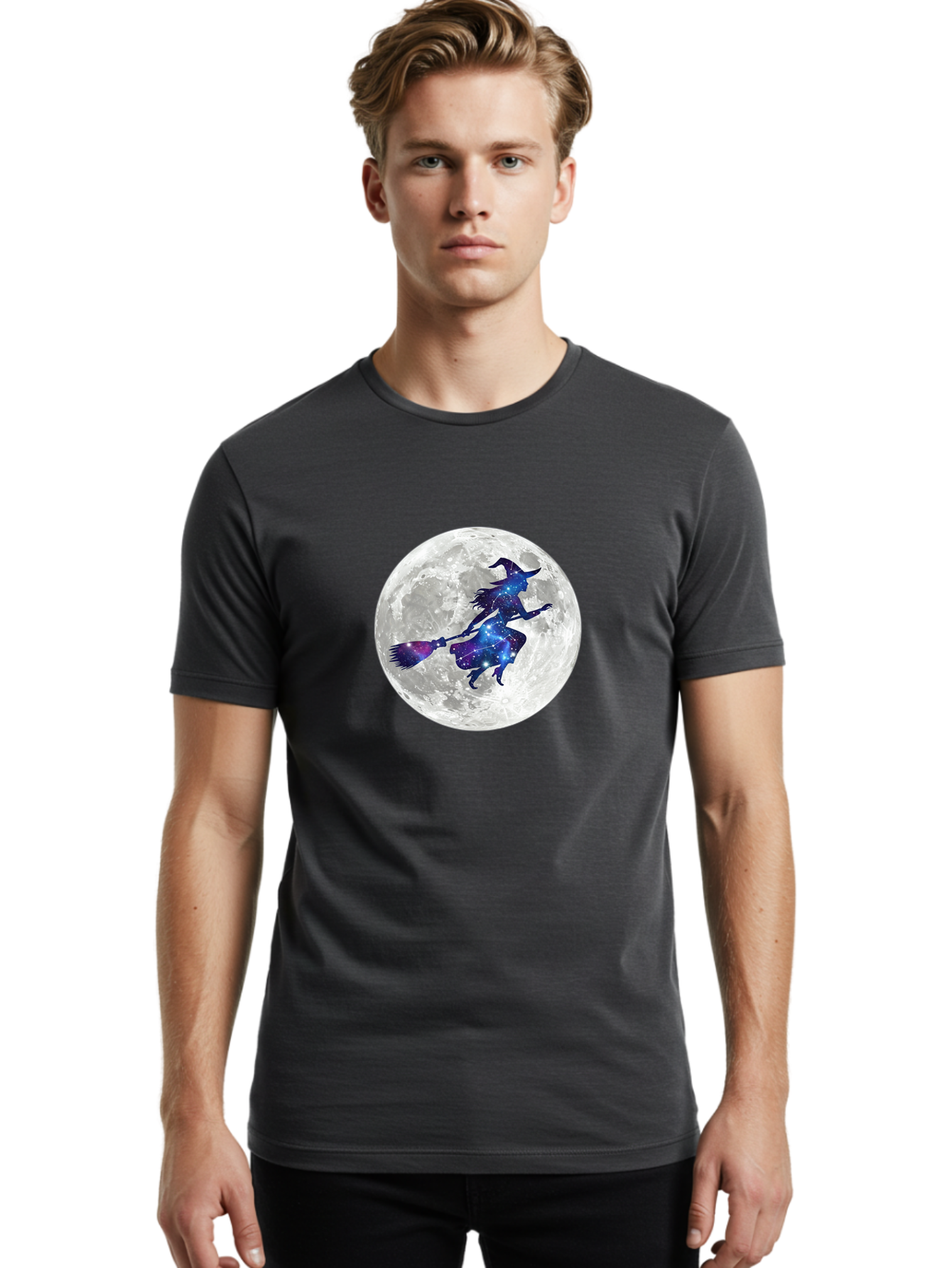 Witch-Flying-On-Broomstick-3 Men'S Graphic Tee, 100% Cotton, Comfortable Casual Summer Wear, Machine Washable, Witch Flying On Broomstick, Full Moon, Galaxy Silhouette, Mystical Magic, Celestial Wonder, Night Sky, Halloween Theme, Bad922 26
