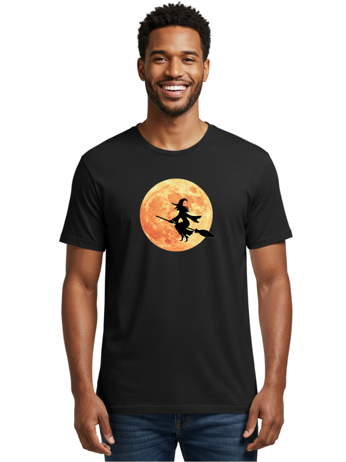 Witch-Flying-On-Broomstick Men'S Graphic Tee, 100% Cotton, Comfortable Casual Summer Wear, Machine Washable, Witch Flying On Broomstick, Full Moon, Orange Moon, Silhouette, Magic, Halloween, Witchcraft, Flying Witch, Mystical, Bad923 20