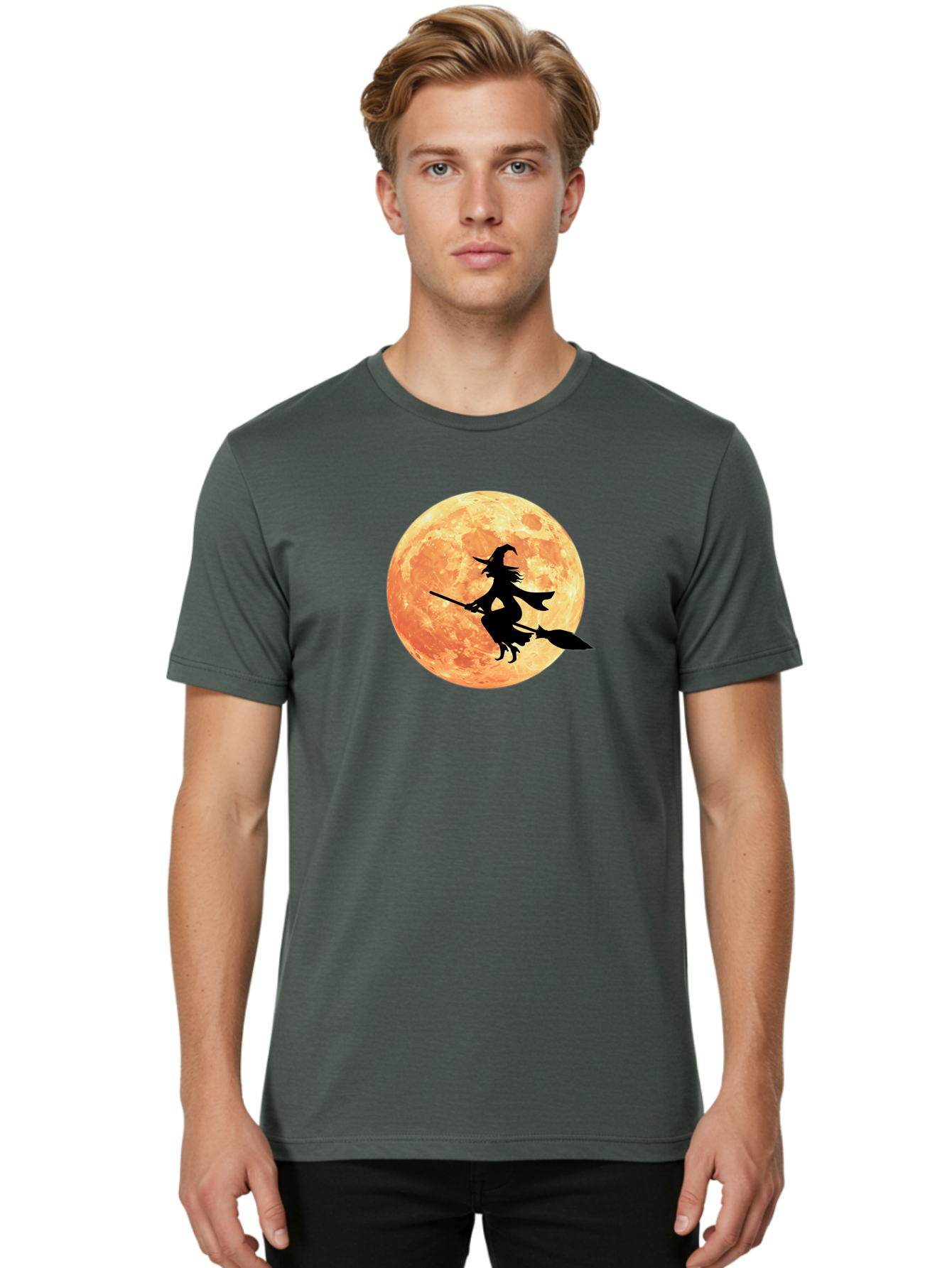 Witch-Flying-On-Broomstick Men'S Graphic Tee, 100% Cotton, Comfortable Casual Summer Wear, Machine Washable, Witch Flying On Broomstick, Full Moon, Orange Moon, Silhouette, Magic, Halloween, Witchcraft, Flying Witch, Mystical, Bad923 26