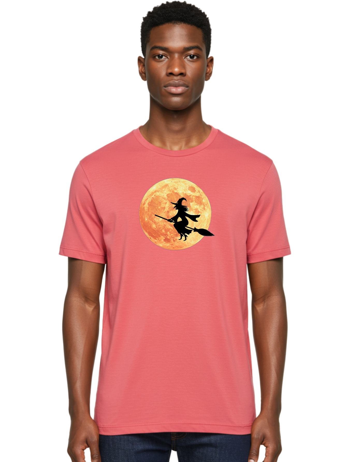 Witch-Flying-On-Broomstick Men'S Graphic Tee, 100% Cotton, Comfortable Casual Summer Wear, Machine Washable, Witch Flying On Broomstick, Full Moon, Orange Moon, Silhouette, Magic, Halloween, Witchcraft, Flying Witch, Mystical, Bad923 30