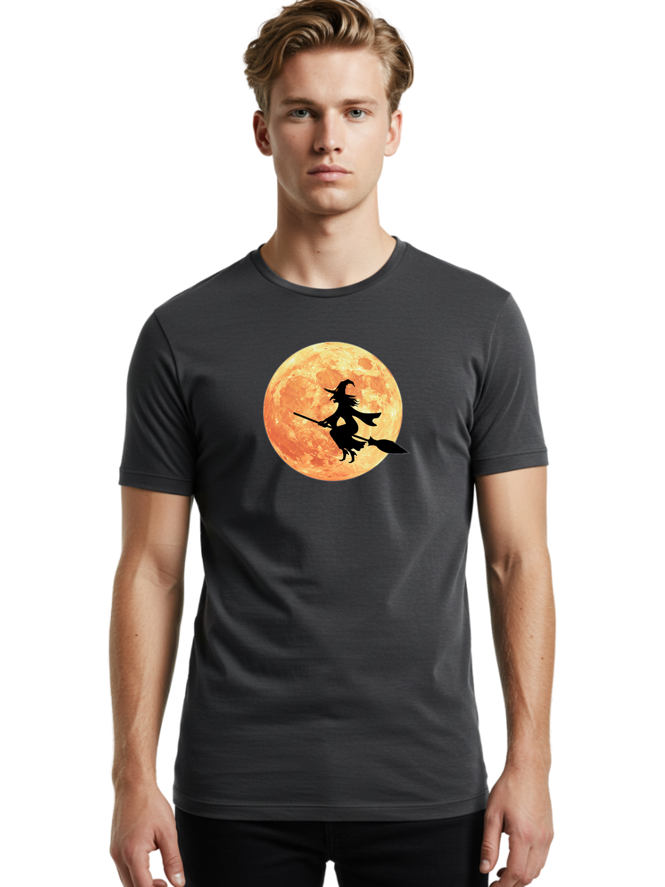 Witch-Flying-On-Broomstick Men'S Graphic Tee, 100% Cotton, Comfortable Casual Summer Wear, Machine Washable, Witch Flying On Broomstick, Full Moon, Orange Moon, Silhouette, Magic, Halloween, Witchcraft, Flying Witch, Mystical, Bad923 27