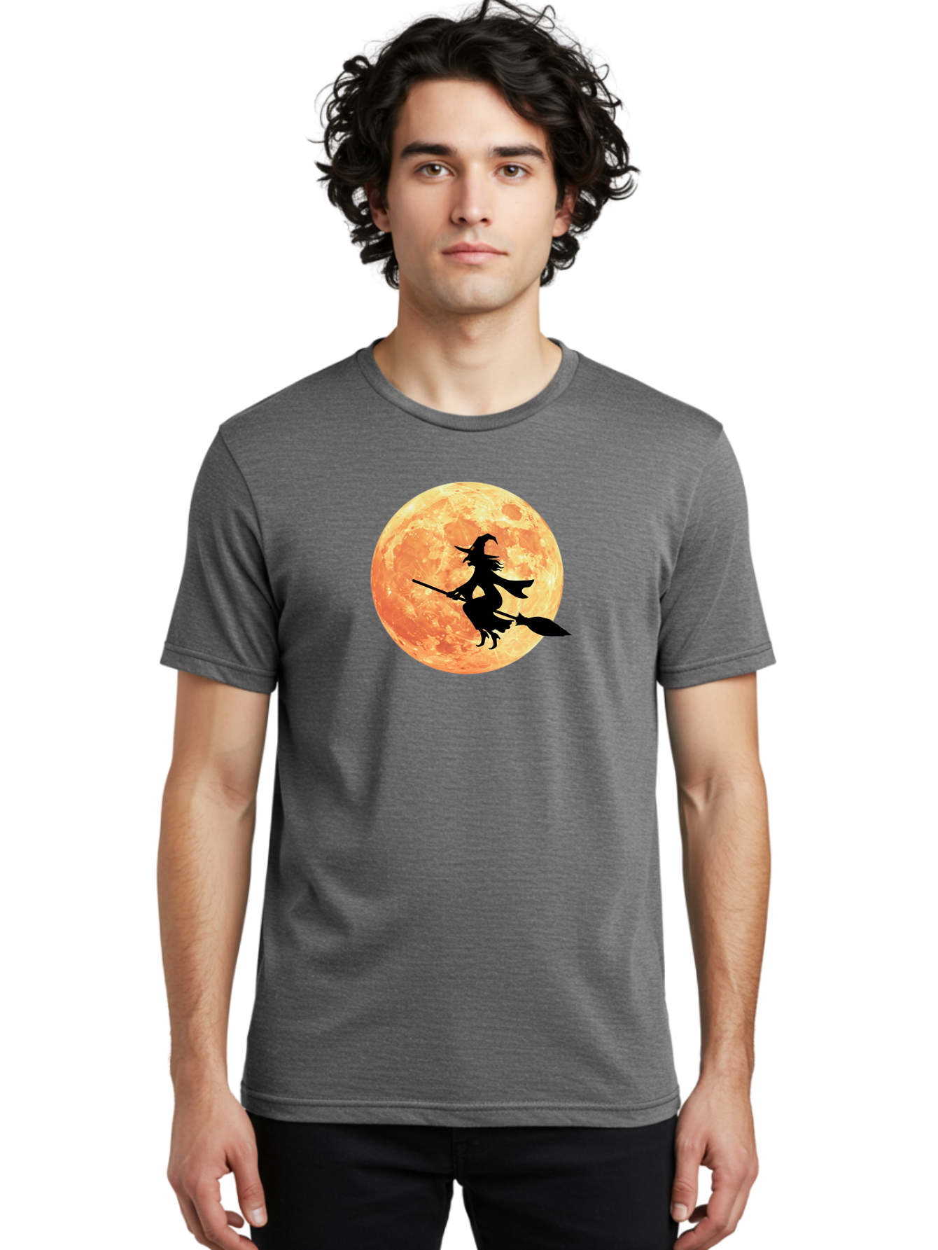 Witch-Flying-On-Broomstick Men'S Graphic Tee, 100% Cotton, Comfortable Casual Summer Wear, Machine Washable, Witch Flying On Broomstick, Full Moon, Orange Moon, Silhouette, Magic, Halloween, Witchcraft, Flying Witch, Mystical, Bad923 18