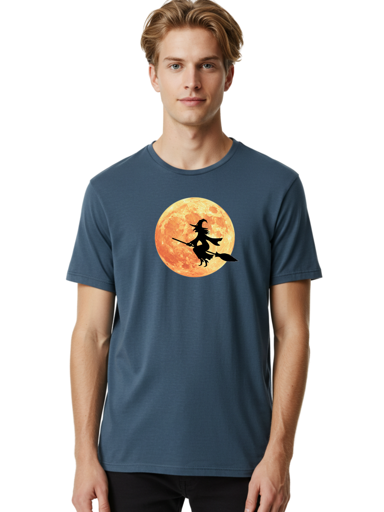 Witch-Flying-On-Broomstick Men'S Graphic Tee, 100% Cotton, Comfortable Casual Summer Wear, Machine Washable, Witch Flying On Broomstick, Full Moon, Orange Moon, Silhouette, Magic, Halloween, Witchcraft, Flying Witch, Mystical, Bad923 25