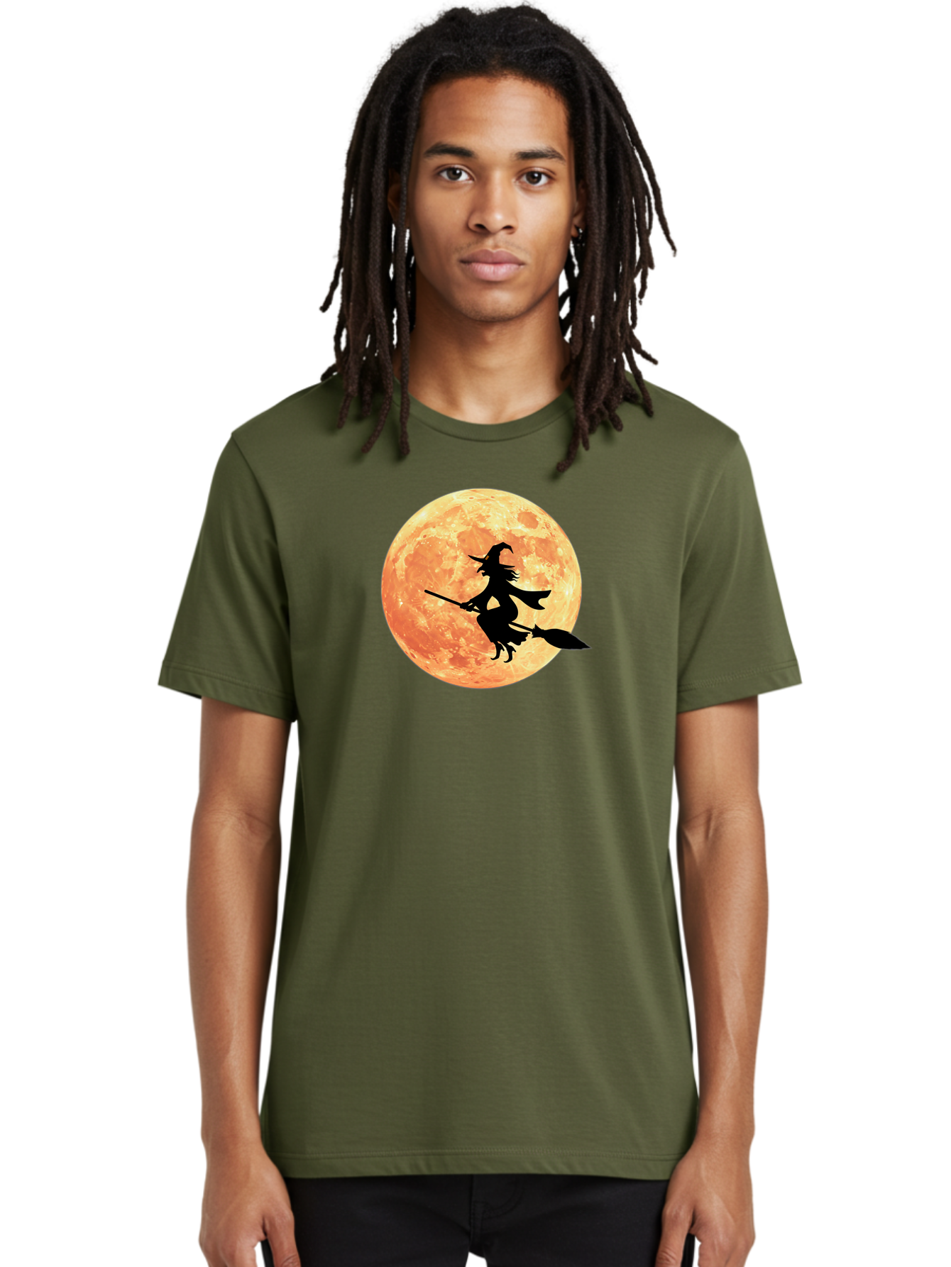 Witch-Flying-On-Broomstick Men'S Graphic Tee, 100% Cotton, Comfortable Casual Summer Wear, Machine Washable, Witch Flying On Broomstick, Full Moon, Orange Moon, Silhouette, Magic, Halloween, Witchcraft, Flying Witch, Mystical, Bad923 17