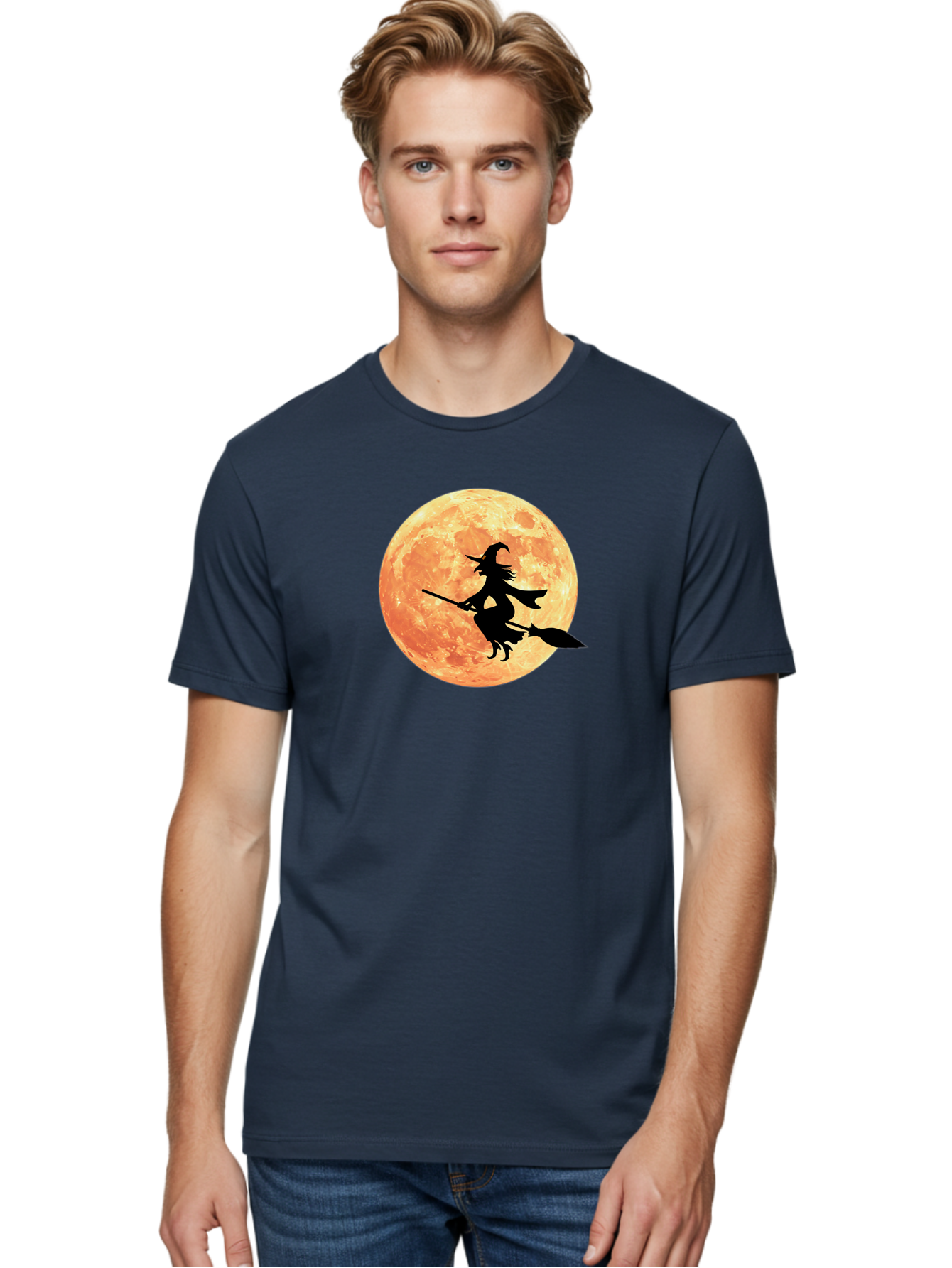 Witch-Flying-On-Broomstick Men'S Graphic Tee, 100% Cotton, Comfortable Casual Summer Wear, Machine Washable, Witch Flying On Broomstick, Full Moon, Orange Moon, Silhouette, Magic, Halloween, Witchcraft, Flying Witch, Mystical, Bad923 23