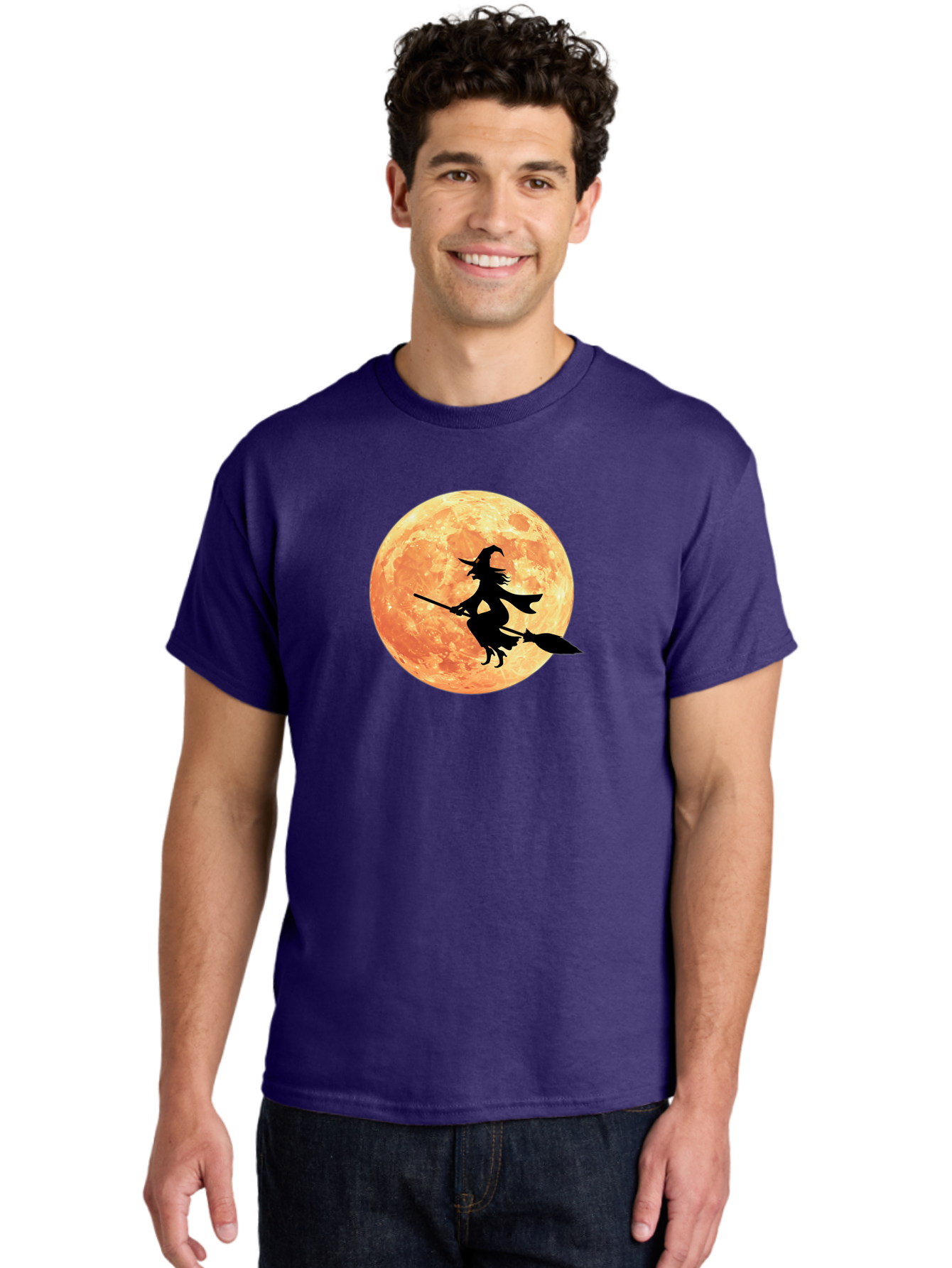 Witch-Flying-On-Broomstick Men'S Graphic Tee, 100% Cotton, Comfortable Casual Summer Wear, Machine Washable, Witch Flying On Broomstick, Full Moon, Orange Moon, Silhouette, Magic, Halloween, Witchcraft, Flying Witch, Mystical, Bad923 19