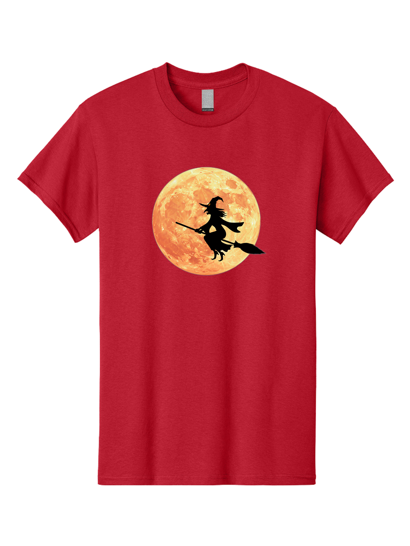 Witch-Flying-On-Broomstick Men'S Graphic Tee, 100% Cotton, Comfortable Casual Summer Wear, Machine Washable, Witch Flying On Broomstick, Full Moon, Orange Moon, Silhouette, Magic, Halloween, Witchcraft, Flying Witch, Mystical, Bad923 13