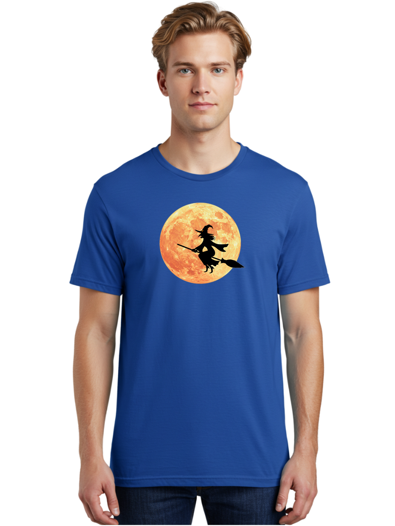 Witch-Flying-On-Broomstick Men'S Graphic Tee, 100% Cotton, Comfortable Casual Summer Wear, Machine Washable, Witch Flying On Broomstick, Full Moon, Orange Moon, Silhouette, Magic, Halloween, Witchcraft, Flying Witch, Mystical, Bad923 24
