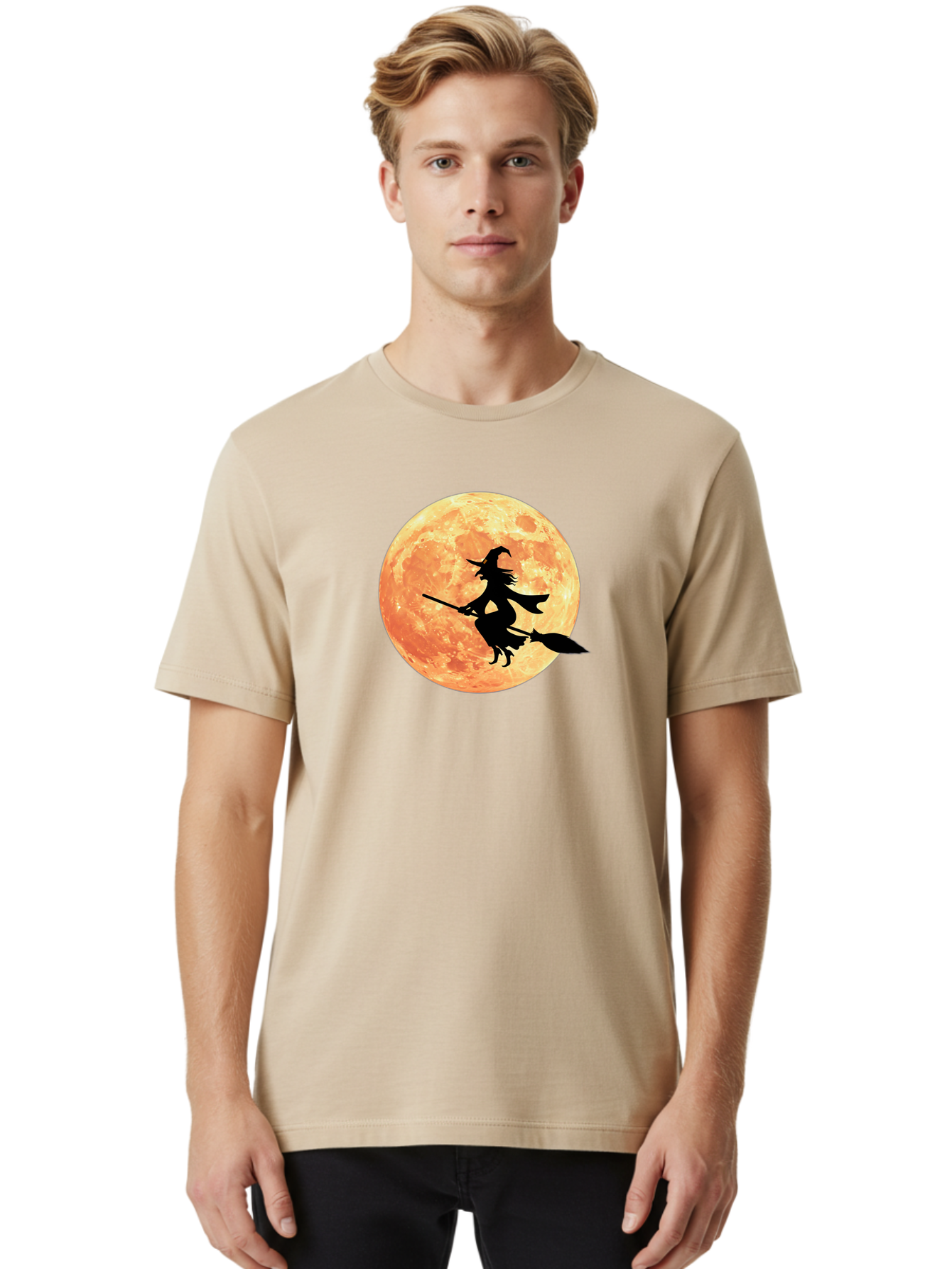Witch-Flying-On-Broomstick Men'S Graphic Tee, 100% Cotton, Comfortable Casual Summer Wear, Machine Washable, Witch Flying On Broomstick, Full Moon, Orange Moon, Silhouette, Magic, Halloween, Witchcraft, Flying Witch, Mystical, Bad923 21