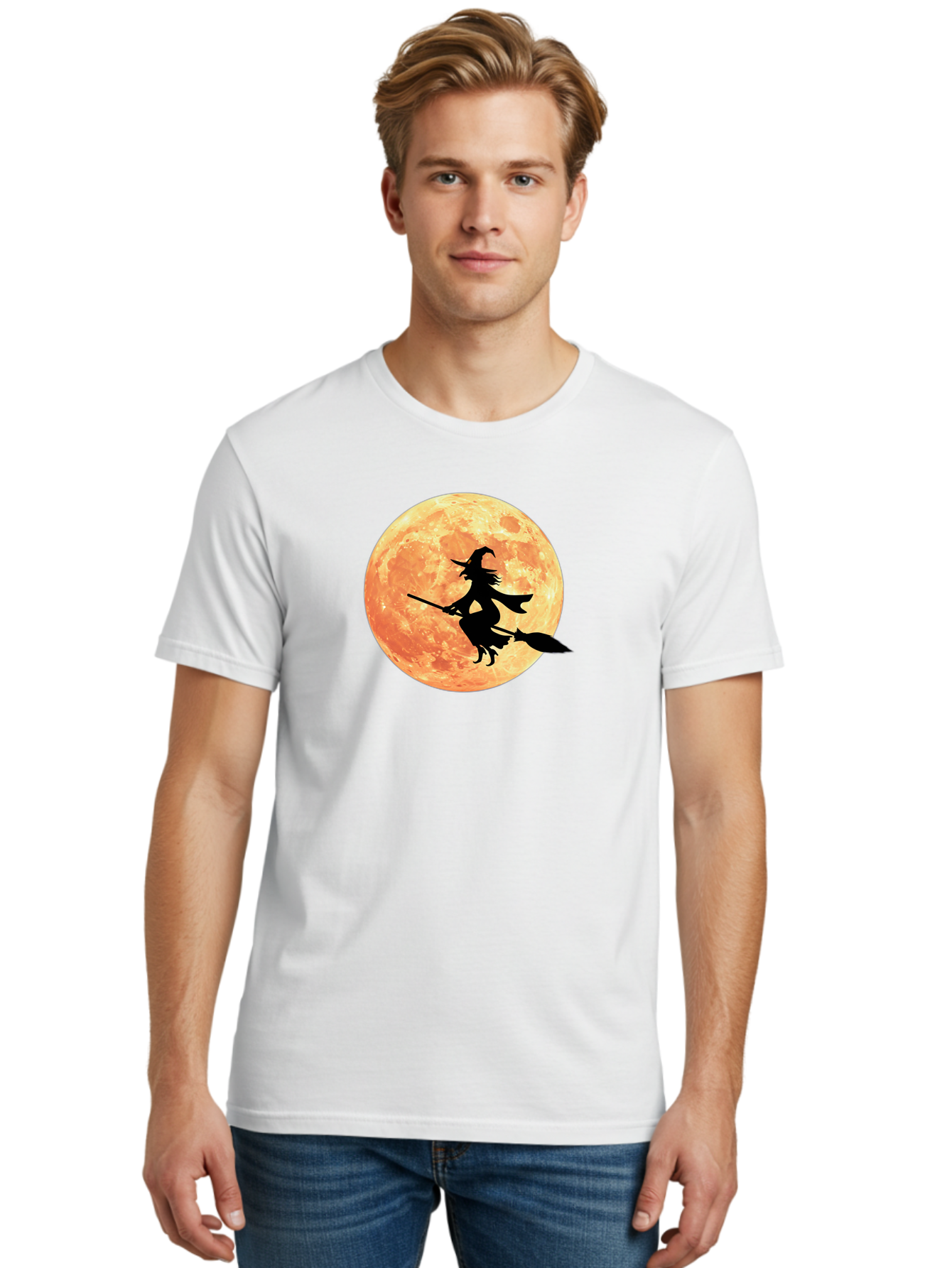 Witch-Flying-On-Broomstick Men'S Graphic Tee, 100% Cotton, Comfortable Casual Summer Wear, Machine Washable, Witch Flying On Broomstick, Full Moon, Orange Moon, Silhouette, Magic, Halloween, Witchcraft, Flying Witch, Mystical, Bad923 16