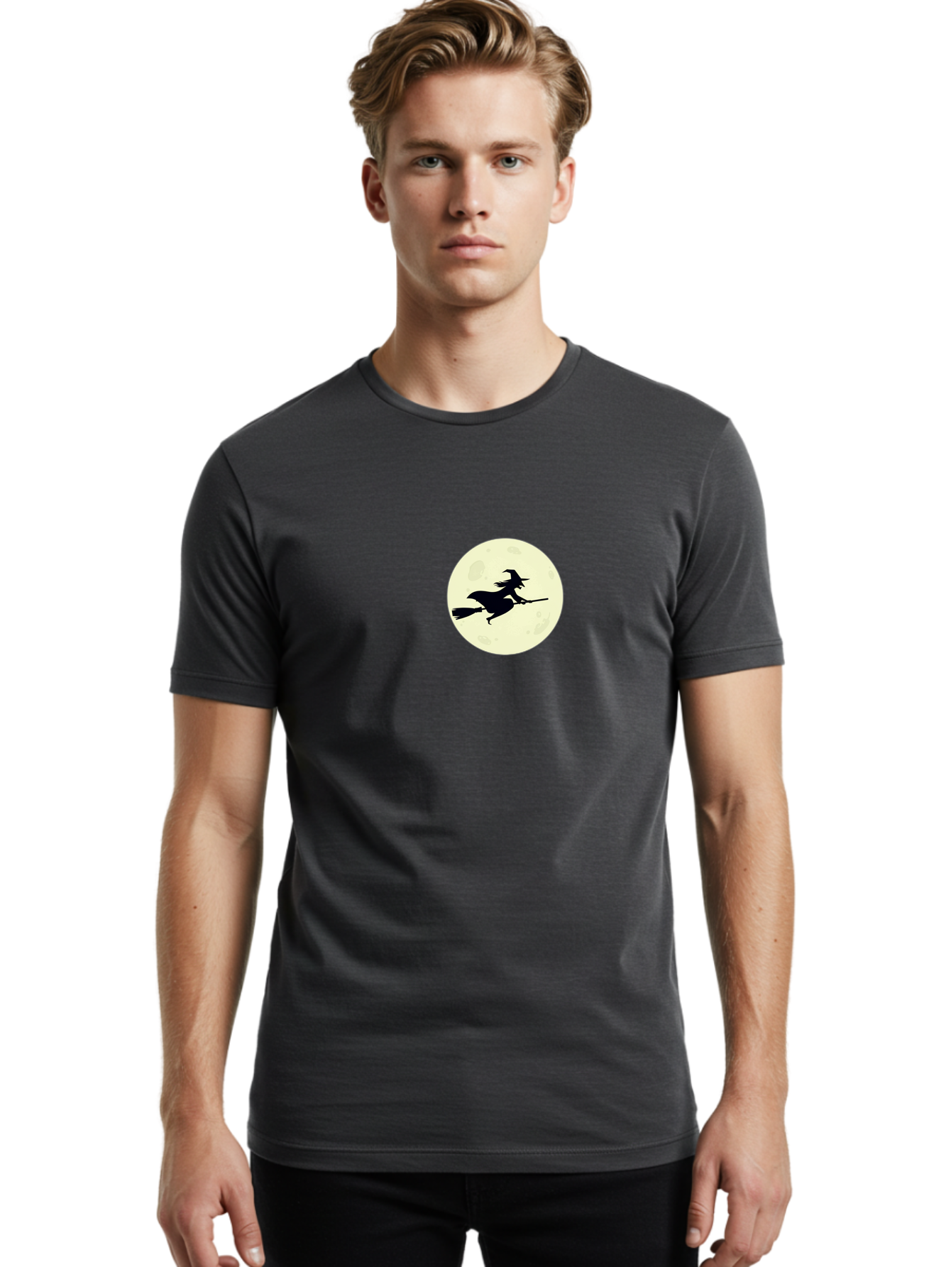 Witch-Flying-On-Moon Men'S Graphic Tee, 100% Cotton, Comfortable Casual Summer Wear, Machine Washable, Witch On Broomstick, Flying Witch, Halloween Symbol, Magic Spell, Mystical Night, Full Moon, Black Silhouette, Witchcraft, Bad924 27
