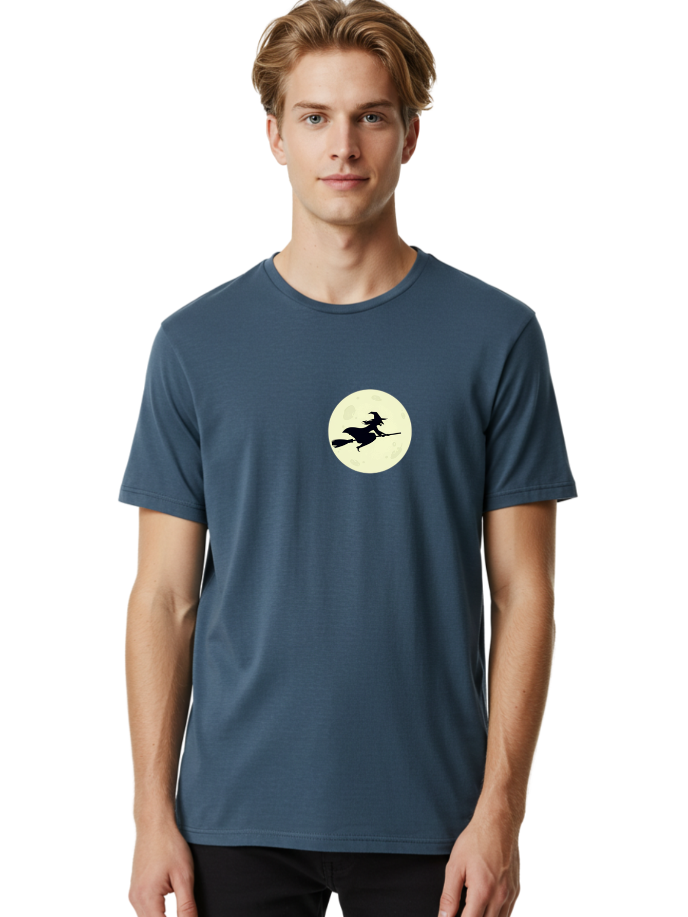 Witch-Flying-On-Moon Men'S Graphic Tee, 100% Cotton, Comfortable Casual Summer Wear, Machine Washable, Witch On Broomstick, Flying Witch, Halloween Symbol, Magic Spell, Mystical Night, Full Moon, Black Silhouette, Witchcraft, Bad924 19