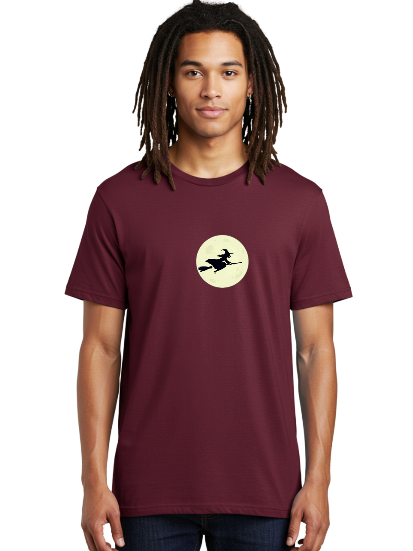 Witch-Flying-On-Moon Men'S Graphic Tee, 100% Cotton, Comfortable Casual Summer Wear, Machine Washable, Witch On Broomstick, Flying Witch, Halloween Symbol, Magic Spell, Mystical Night, Full Moon, Black Silhouette, Witchcraft, Bad924 26