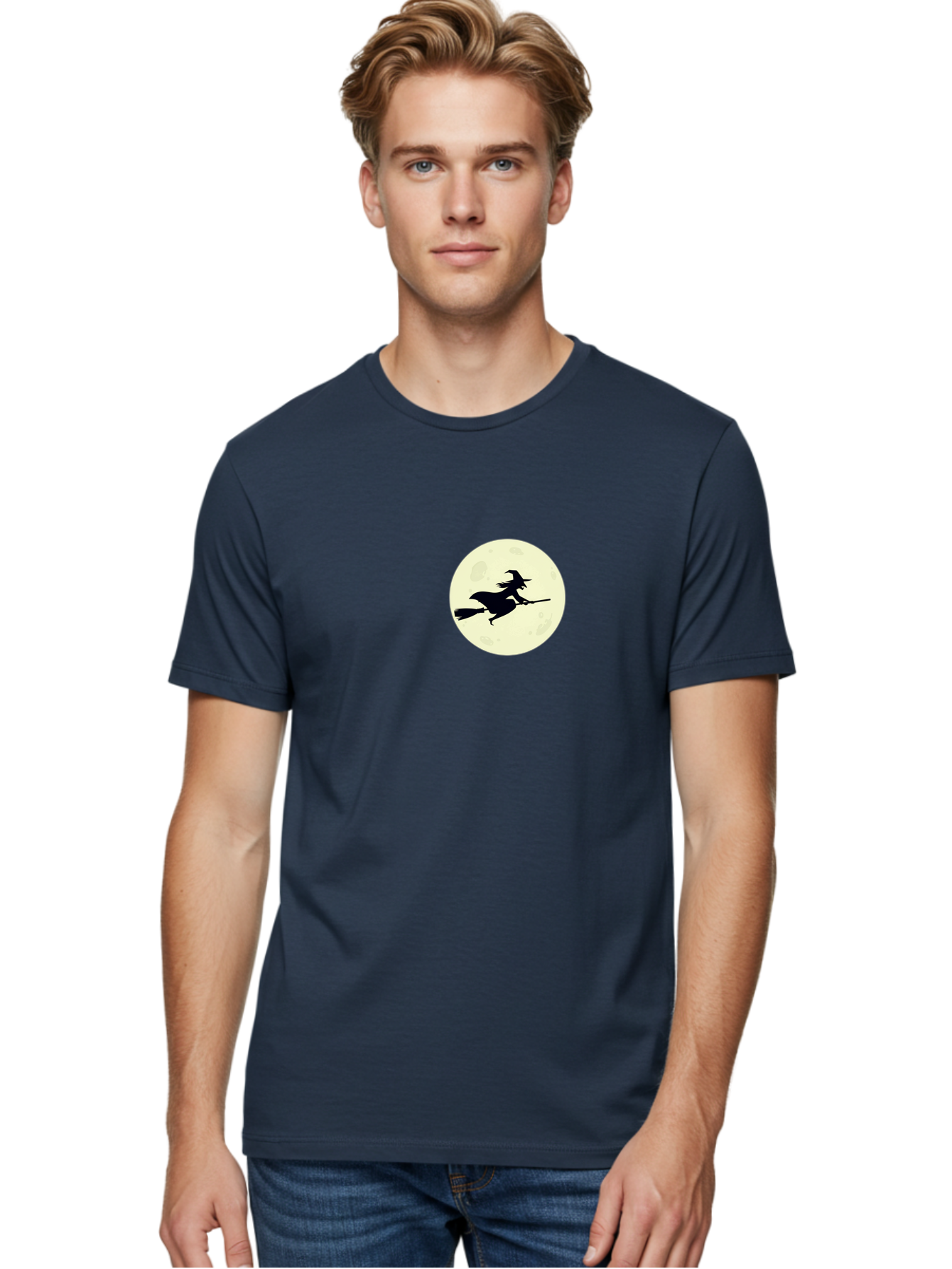 Witch-Flying-On-Moon Men'S Graphic Tee, 100% Cotton, Comfortable Casual Summer Wear, Machine Washable, Witch On Broomstick, Flying Witch, Halloween Symbol, Magic Spell, Mystical Night, Full Moon, Black Silhouette, Witchcraft, Bad924 18
