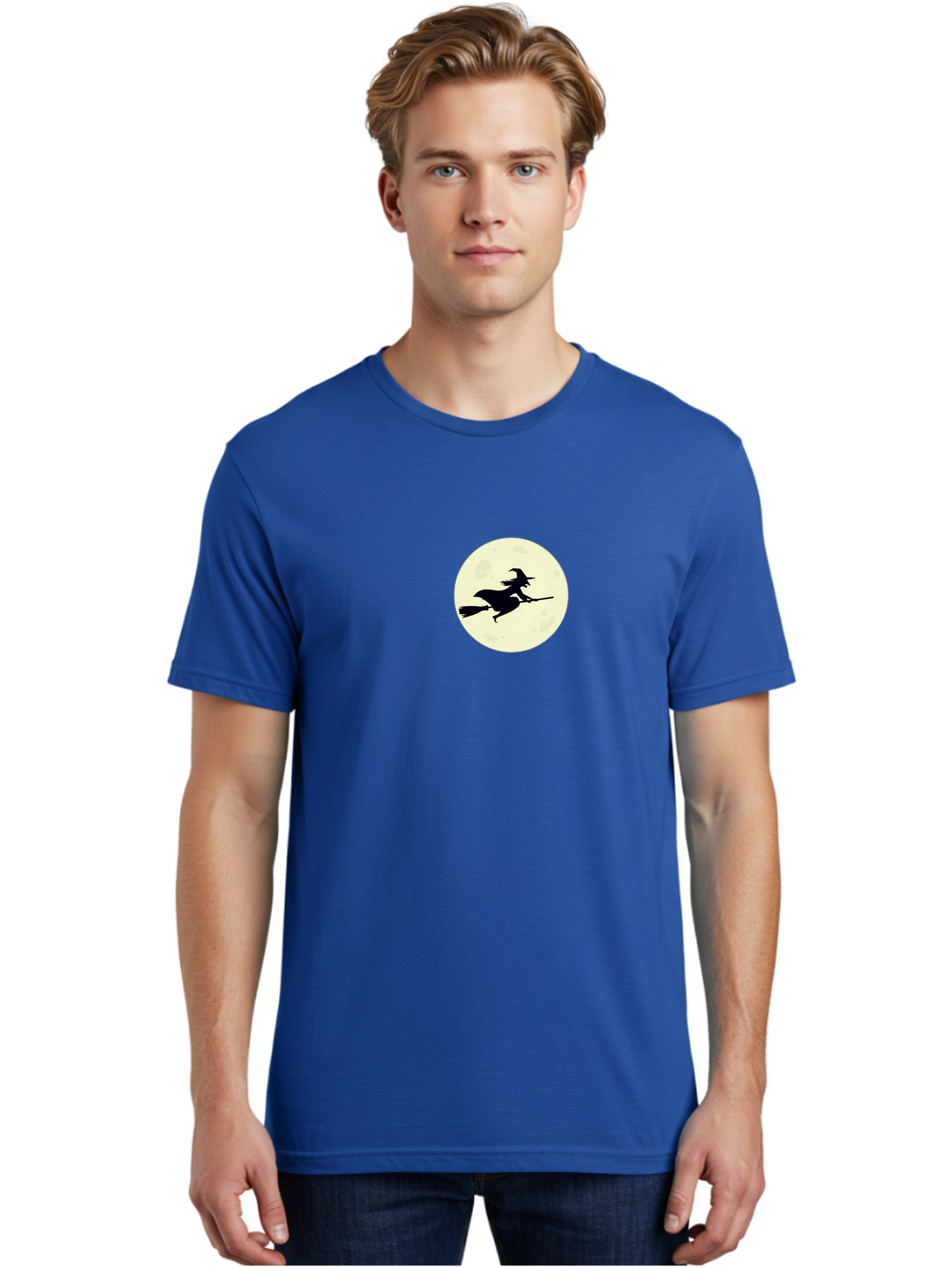 Witch-Flying-On-Moon Men'S Graphic Tee, 100% Cotton, Comfortable Casual Summer Wear, Machine Washable, Witch On Broomstick, Flying Witch, Halloween Symbol, Magic Spell, Mystical Night, Full Moon, Black Silhouette, Witchcraft, Bad924 20