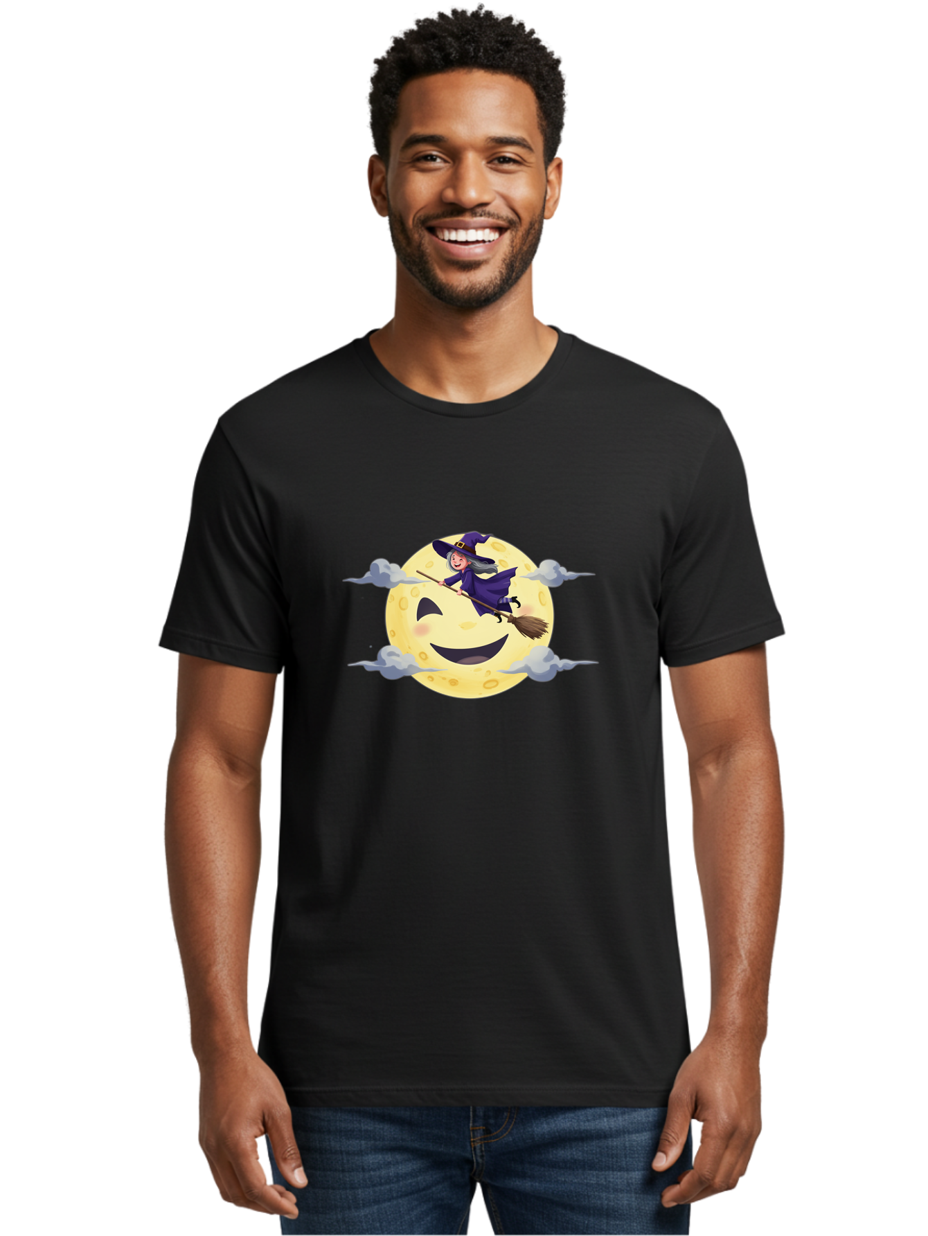 Witch-On-Broomstick-1 Men'S Graphic Tee, 100% Cotton, Comfortable Casual Summer Wear, Machine Washable, Witch Flying On Broomstick, Jack O'Lantern Moon, Halloween Scene, Cartoon Style, Smiling Moon, Spooky Atmosphere, Autumnal Theme, Bad925 20